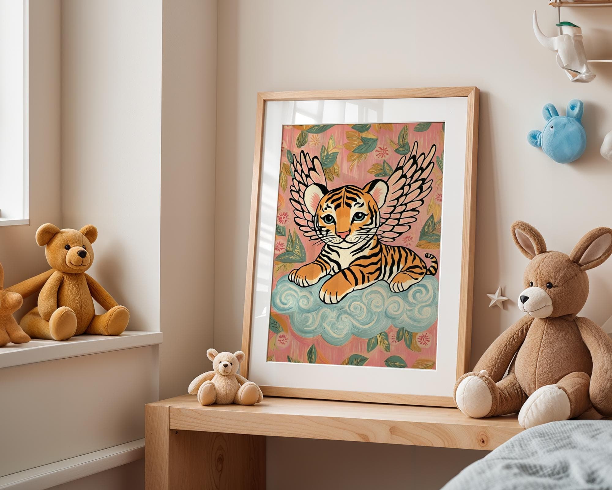 Winged Tiger Wall Art, Whimsical Pink Nursery Decor, Pink and Blue Nursery Art, Angelic Tiger Wall Art, Kids Room Tiger Wall Art, Baby Tiger - view 2