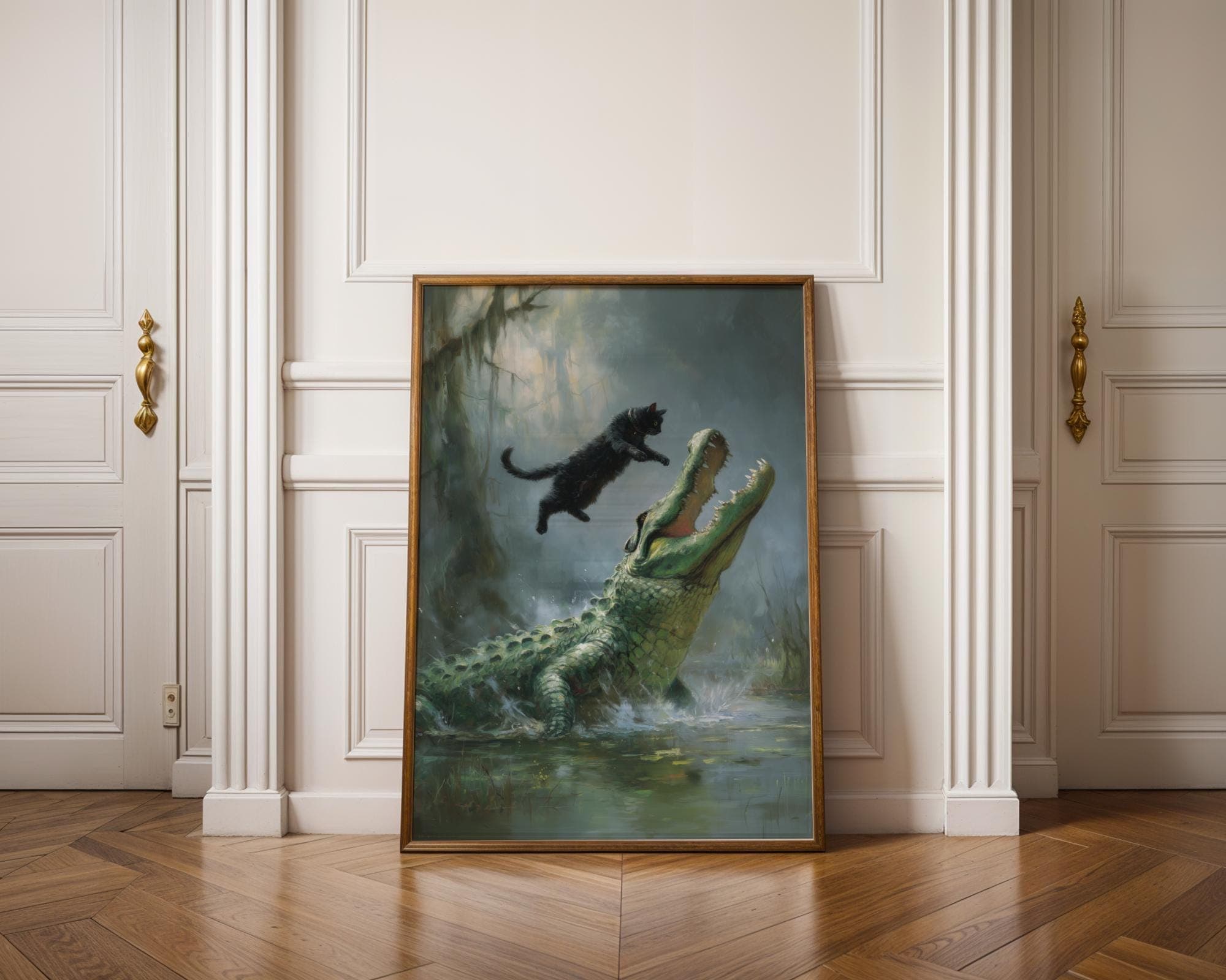Fearless Cat vs Alligator – Fantasy Wildlife Wall Art, Heroic Cat Scene, Funny Black Cat Decor, Dramatic Digital Oil Style Wildlife Painting