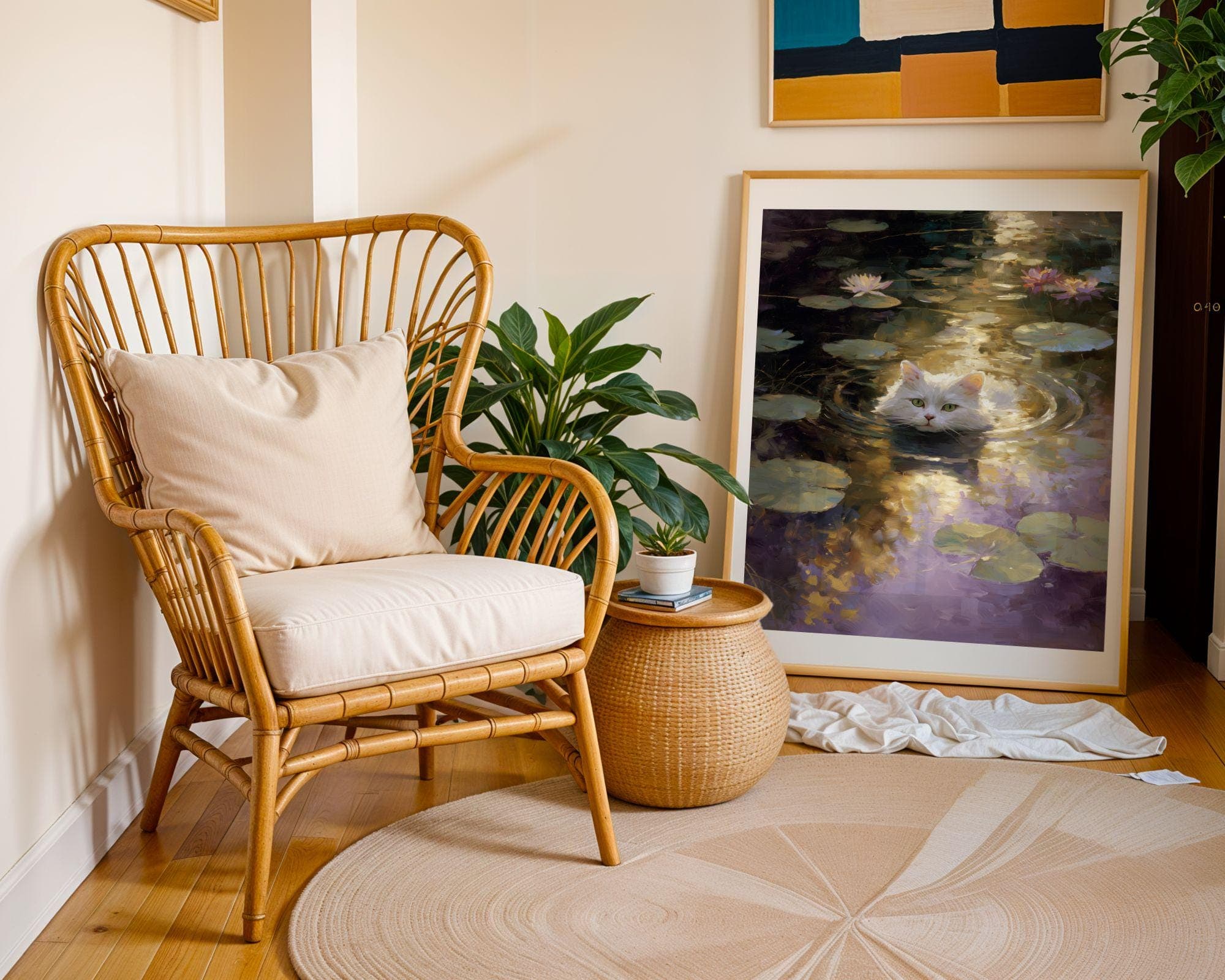 Dreamy White Cat Painting, Whimsical Cat Wall Art,Cottagecore Cat Poster, Dreamy Lily Pads, Pastel Cat Wall Art | Tranquil Pond Scene - view 4