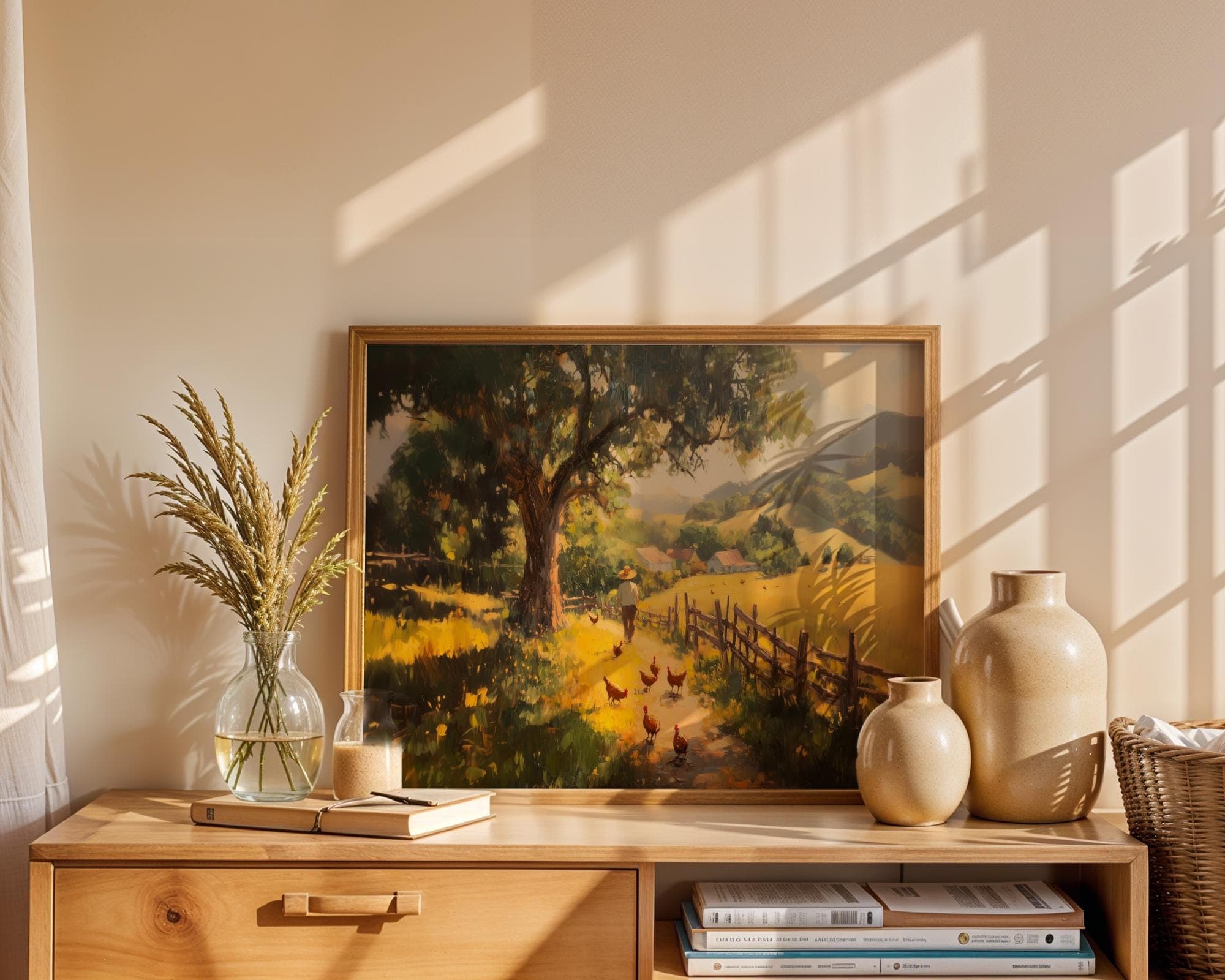 Rustic Farm Landscape Wall Art, Chicken Coop Country Path Painting, Vintage Farmhouse Decor Print with Barns and Golden Fields - view 2