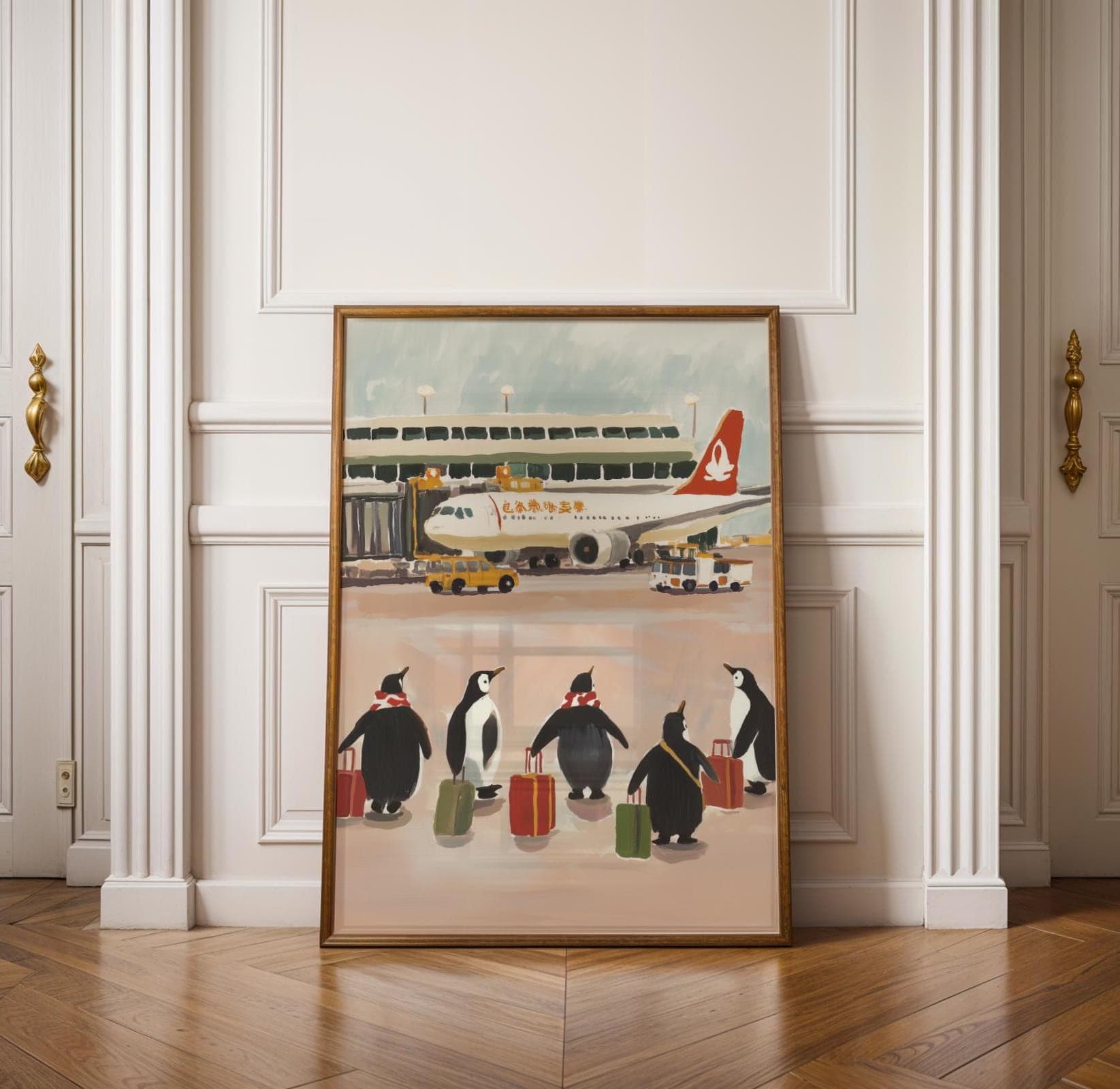 Penguin Travel Art Print, Funny Penguins at the Airport, Vintage Animal Poster, Quirky Travel Print, Quirky Penguin Art, Penguin Poster