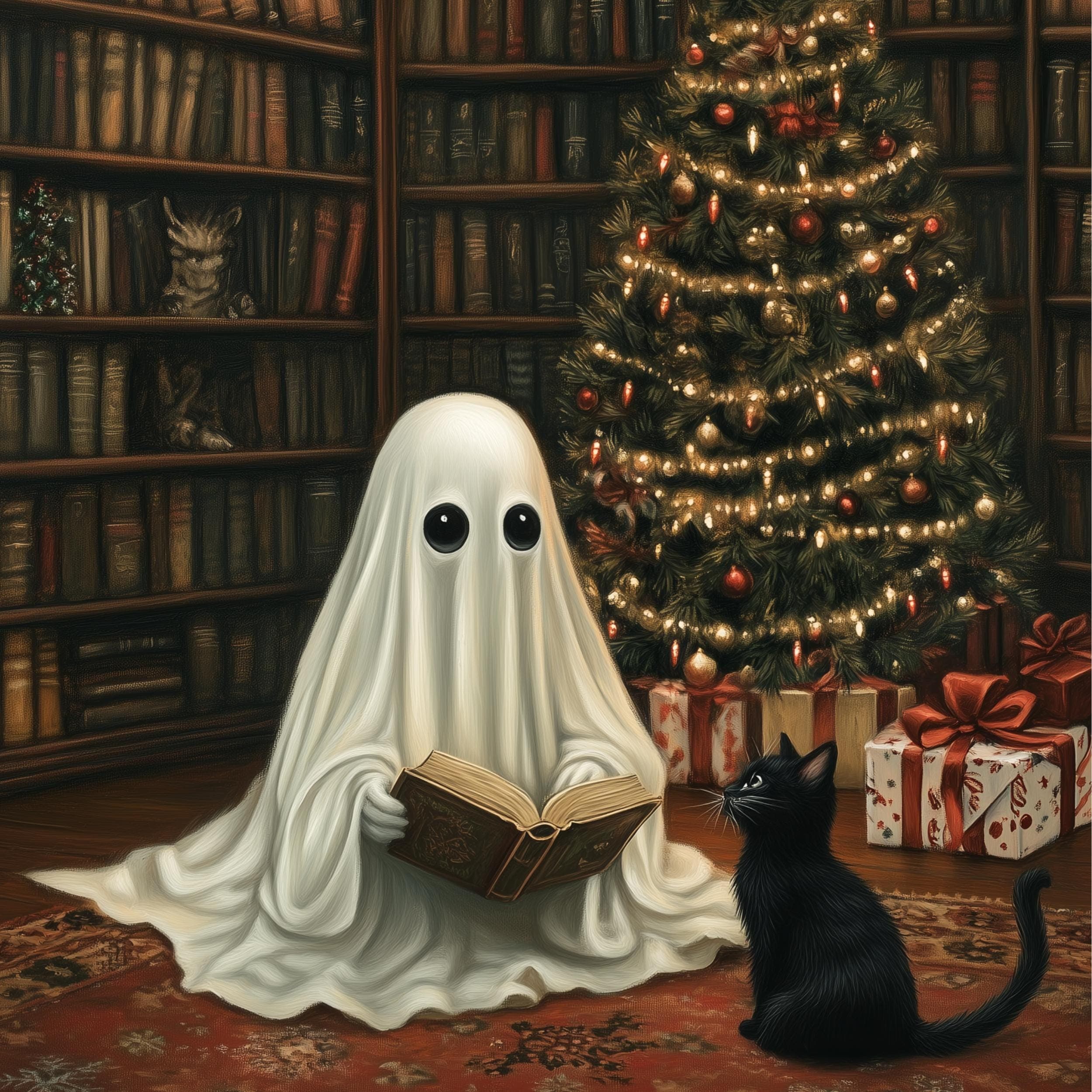 Ghost and Black Cat Wall Art, Vintage Halloween Wall Art, Spooky Christmas Decor, Whimsical Holiday Wall Art, Haunted Christmas Decor - view 2