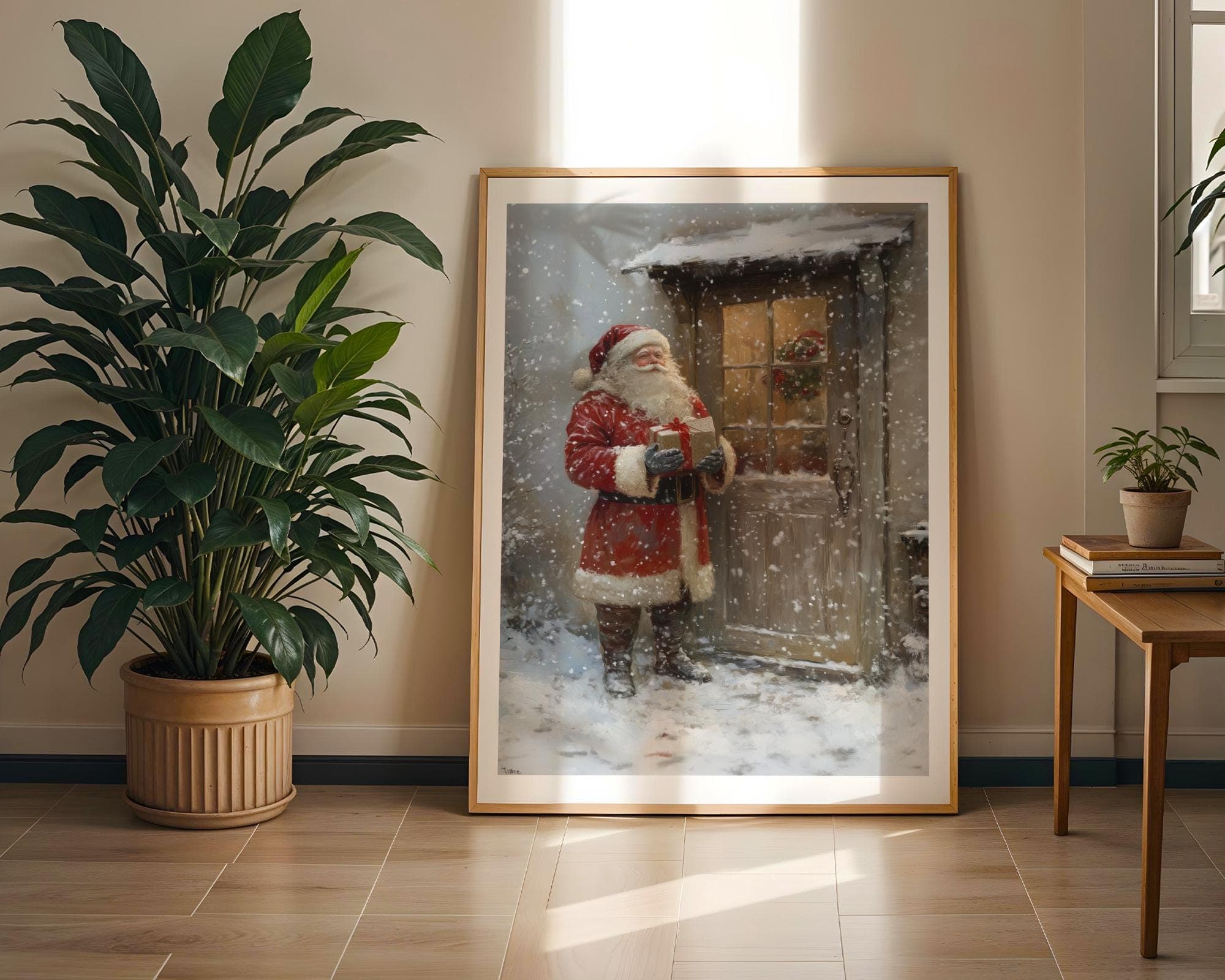 Santa with Gift at Door Art, Cozy Holiday Wall Canvas for Christmas, Rustic Santa Wall Art, Traditional Santa Claus Art, Digital Download - view 7