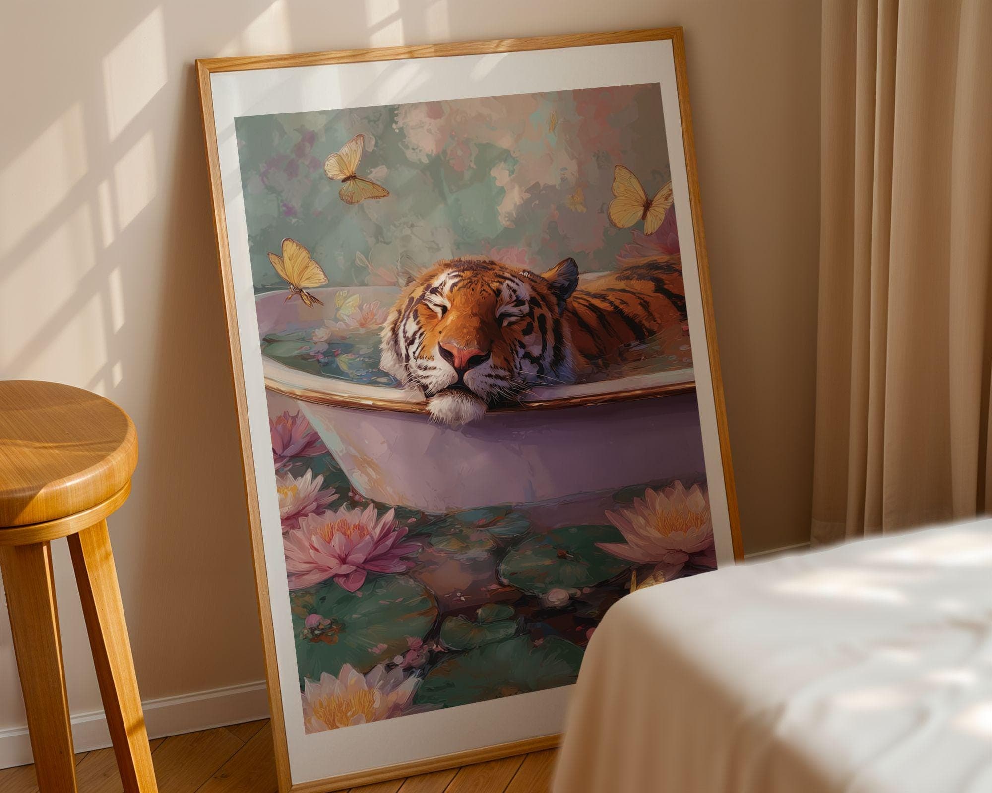 Tiger in Bathtub Wall Art, Trendy Tiger Wall Art, Maximalist Poster, Eclectic Prints, Whimsical Animal Wall Print, Botanical Animal Art - view 6