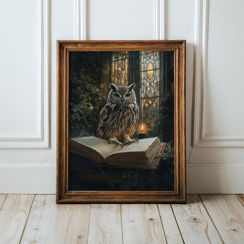 Gothic Owl and Skull Wall Art, Antique Owl Candlelit Art, Dark Academia Candlelit Library Painting, Vintage Book Stack Print, Gothic Art