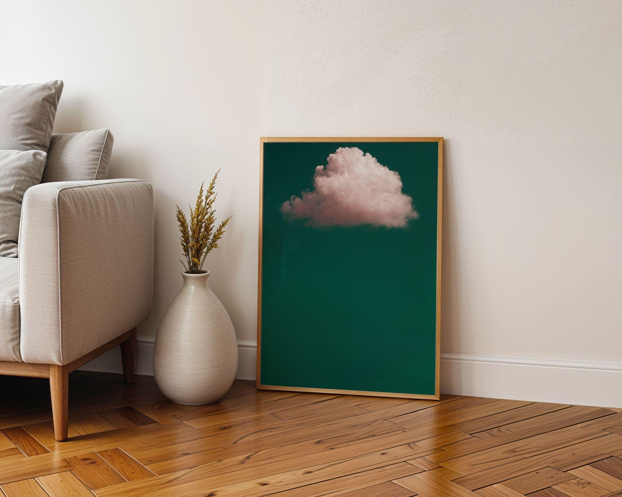 Emerald Green Pink Cloud Print, Emerald Green Wall Art, Minimalist Wall Art, Maximalist Decor, Dark Green Wall Art, Pink Cloud Wall Art