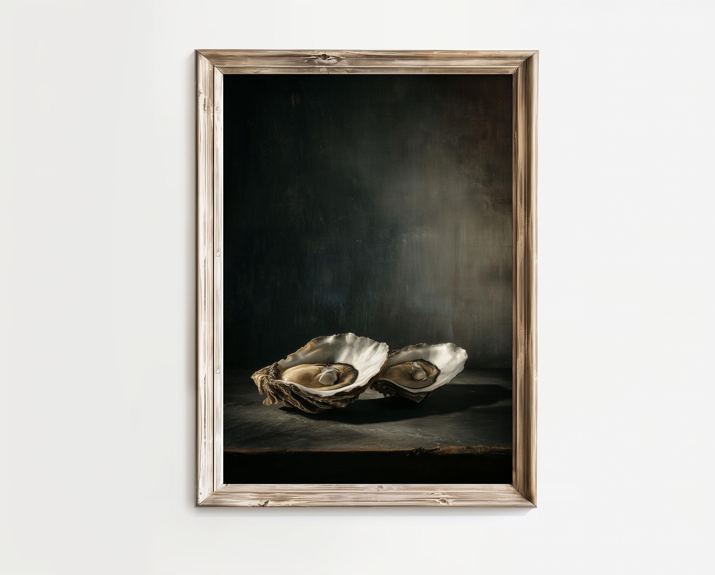 Moody Oyster Wall Art, Coastal Kitchen Decor, Oyster Shell Painting, Dark Neutral Dining Room Wall Art, Dark Coastal Wall Art, Vintage Art - view 9