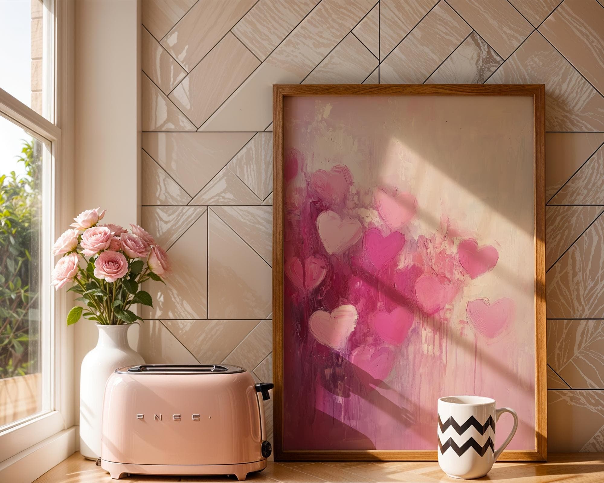 Pink Heart Wall Art, Valentine's Day Wall Decor, Pink Heart Painting, valentine art for her, modern heart painting, Digital Heart Print - view 2