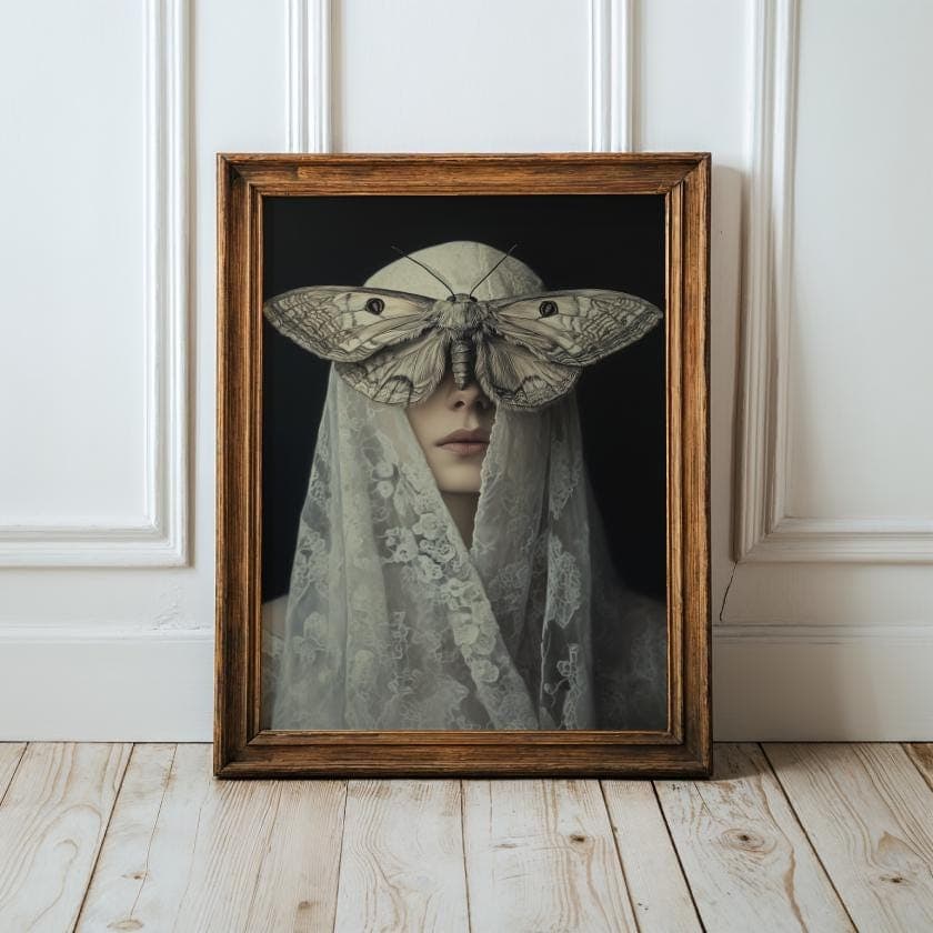 Veiled Woman Moth Art, Gothic Art Witchy Aesthetic, Dark Academia, Occult Poster Gothic Decor, Moody Wall Art, Halloween Art, Dark Romance