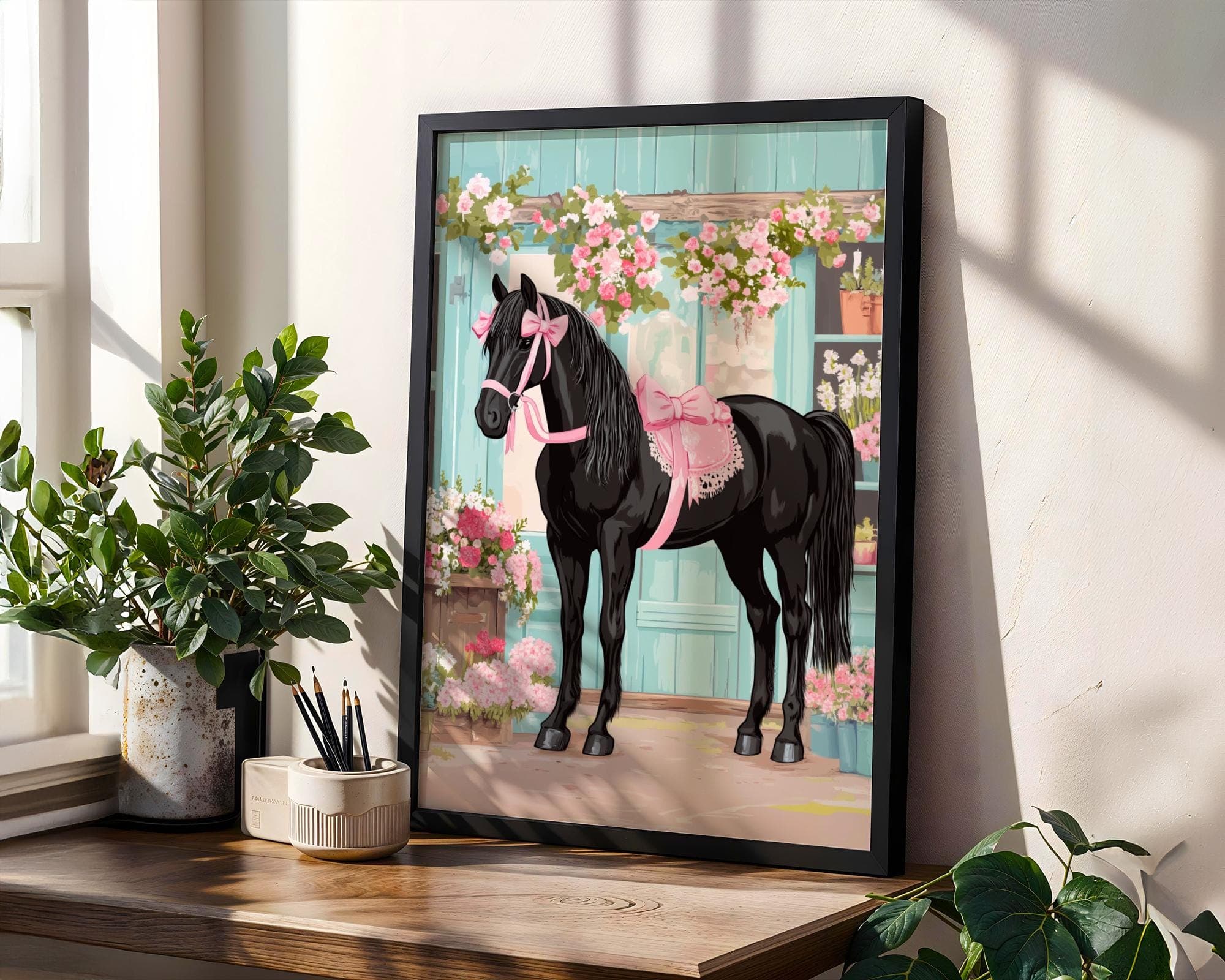Black Horse with Pink Ribbons, Floral Stallion Art (Digital Download) - view 3