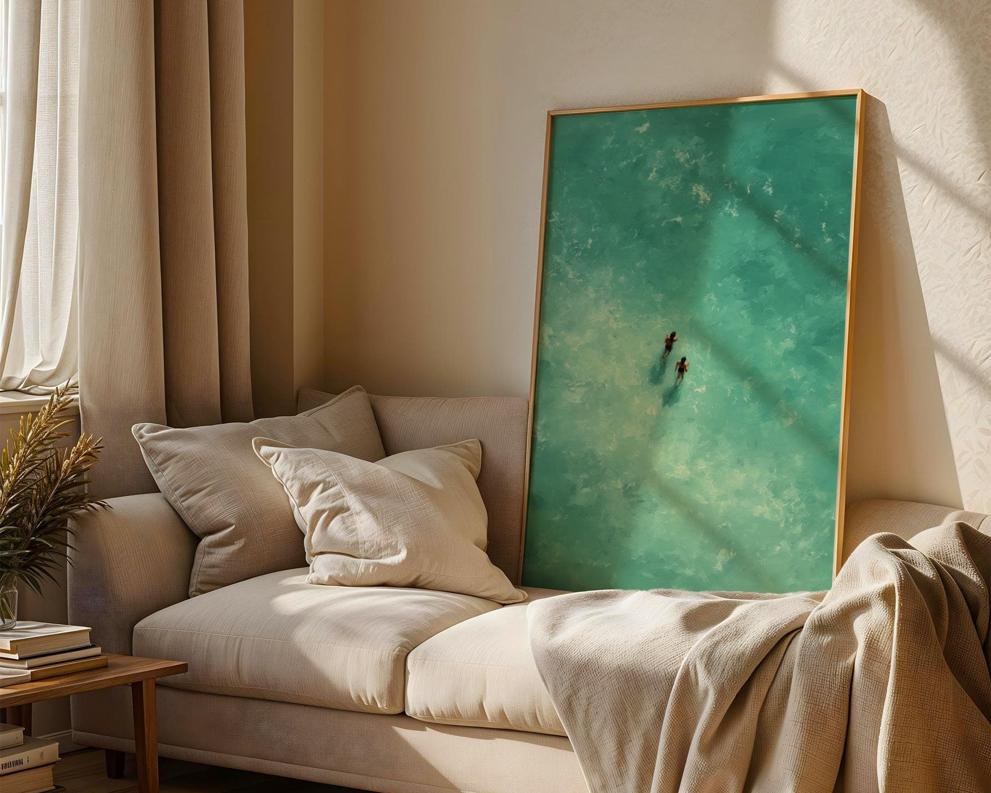 Turquoise Sea Walk Art Print – Minimalist Summer Ocean Wall Art, Aerial Beach Art Print, Walking in Ocean Wall Art, Minimalist Sea Print - view 7