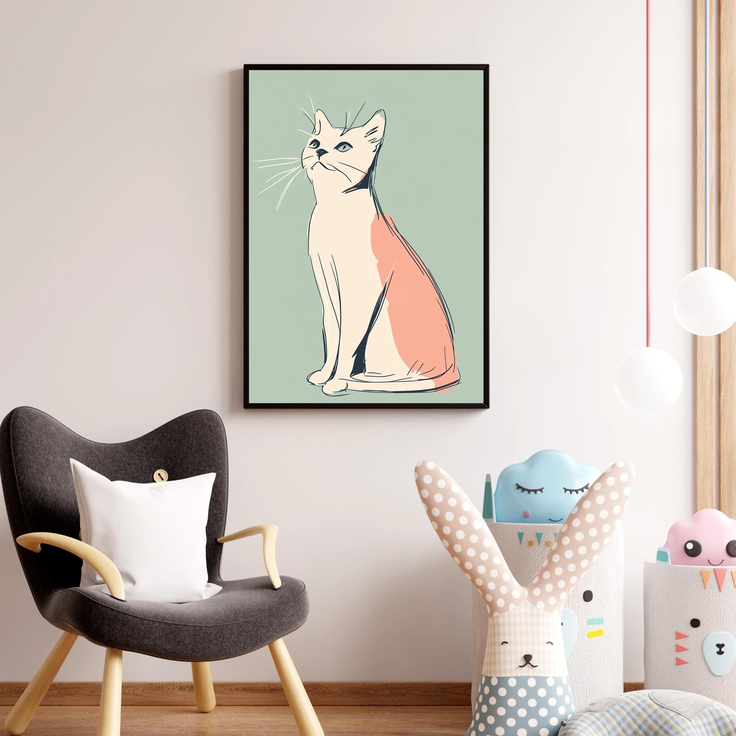Minimalist Cat Art, Modern Cat Wall Art, Pastel Colored Cat Illustration, Chic Cat Poster, Modern Cat Line Drawing, Peach and Mint Green Art - view 4