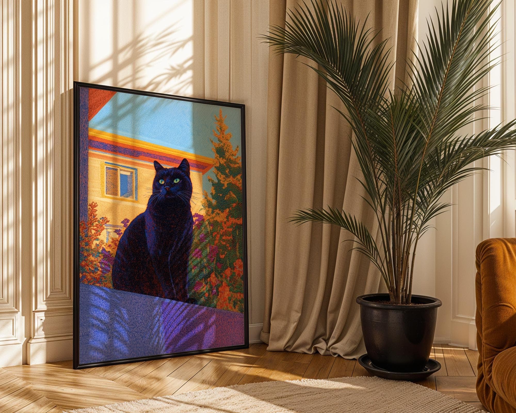Retro Black Cat on Balcony Art, Unique Wall Art, Retro Wall Poster, Retro-Style Black Cat Painting, Quirky Cat Poster, Printable Black Cat - view 2