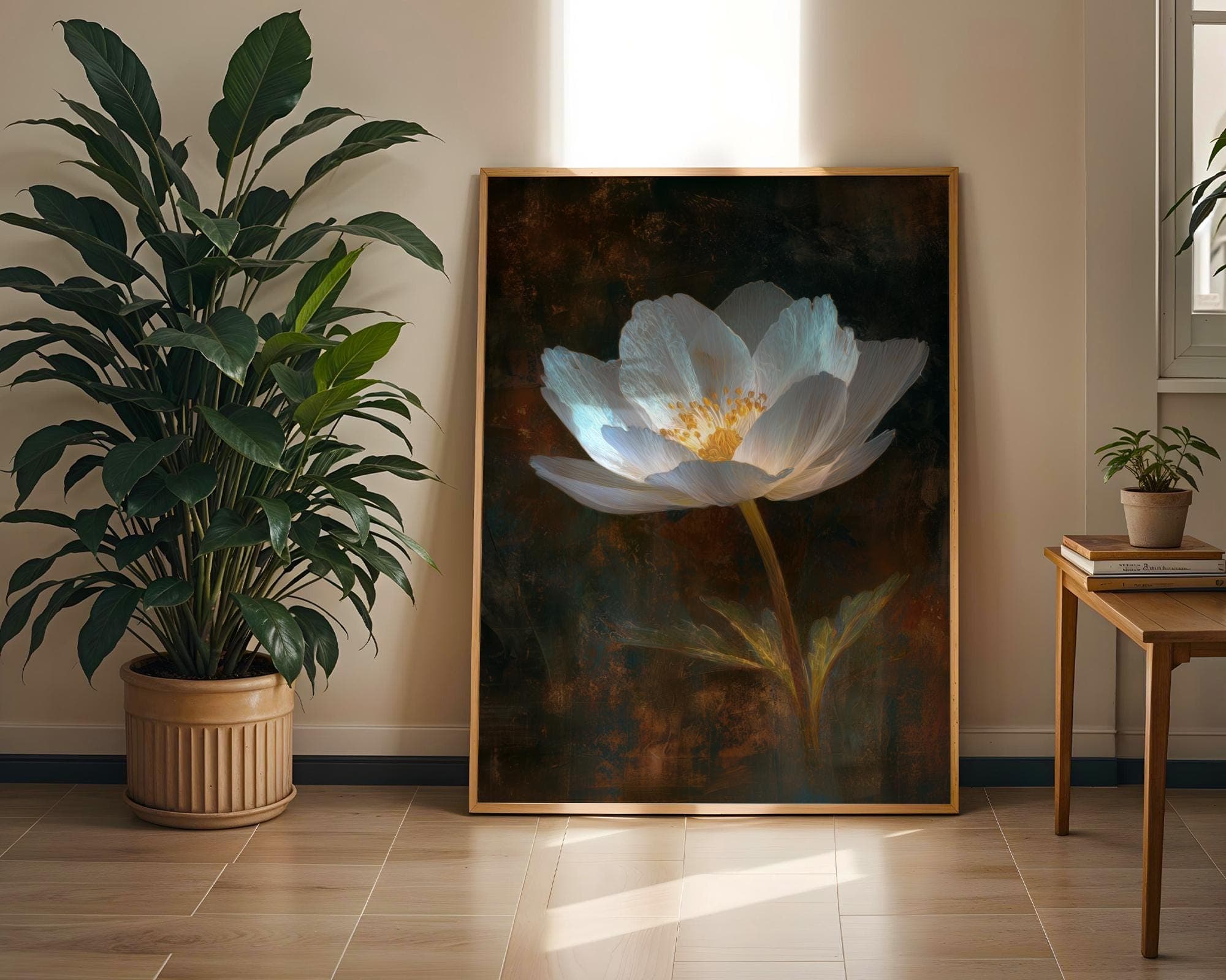 White Wildflower Wall Art Botanical Painting Print on Dark Rustic Background, Moody Floral Painting, White Flower Wall Art, Botanical Print - view 5