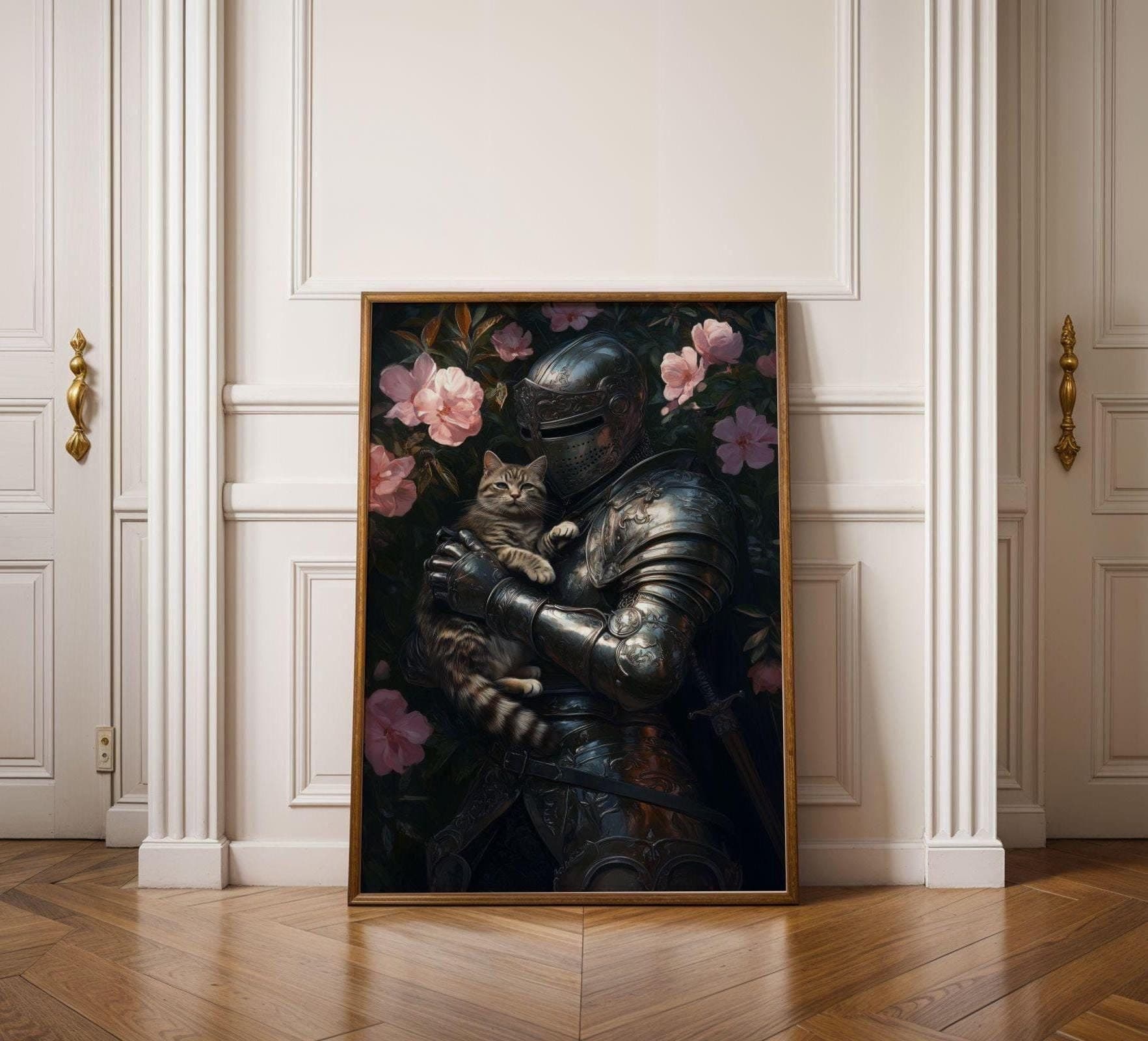 Medieval Knight and Tabby Cat Painting, Medieval Fantasy Painting, Fantasy Art, Whimsical Cat Decor, Digital, Maximalist, Floral Art Decor