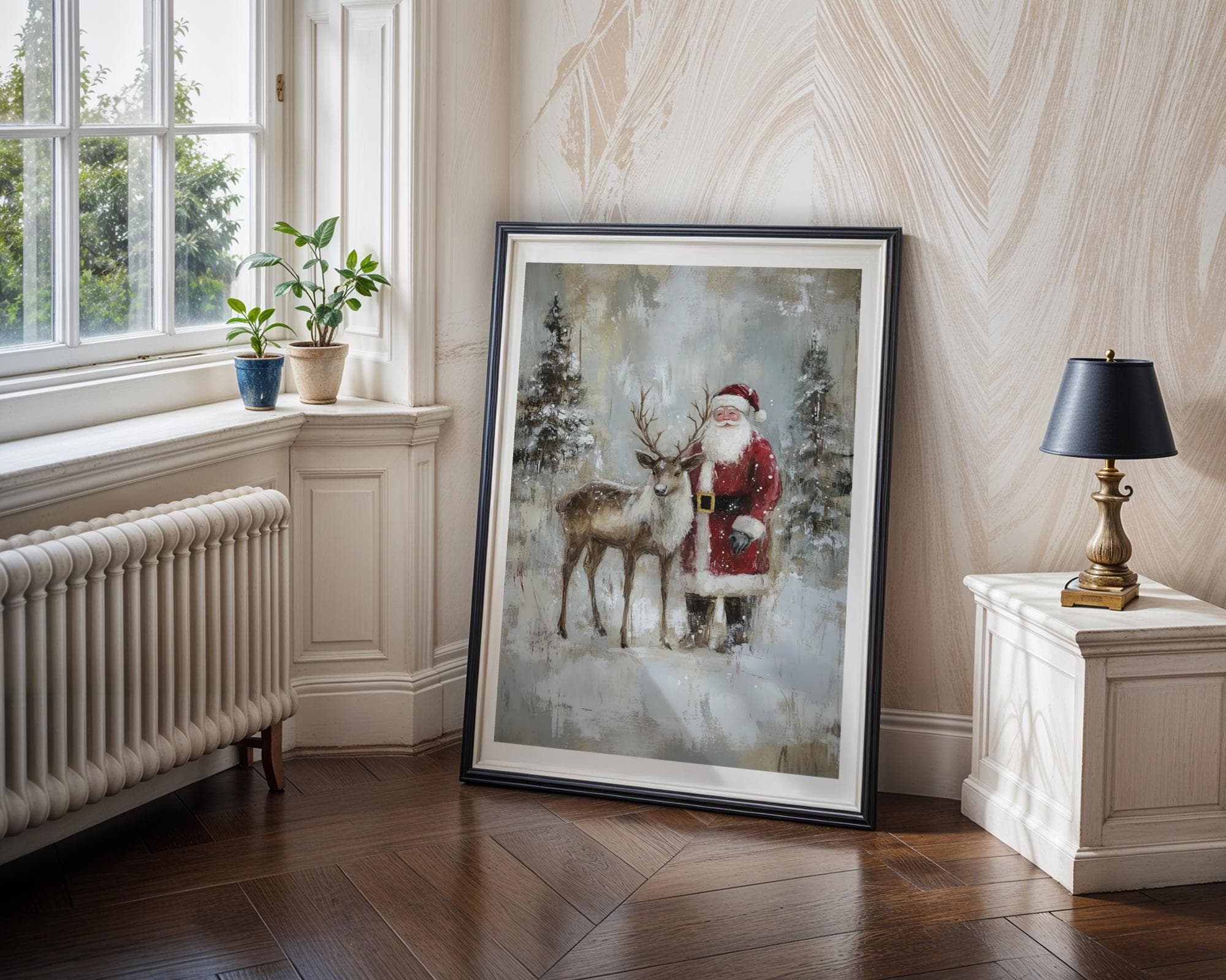 Santa Claus Reindeer Wall Art Print, Forest Snowfall in Winter Printable, Christmas Home Decor, Digital Download, Holiday Home Improvement - view 5