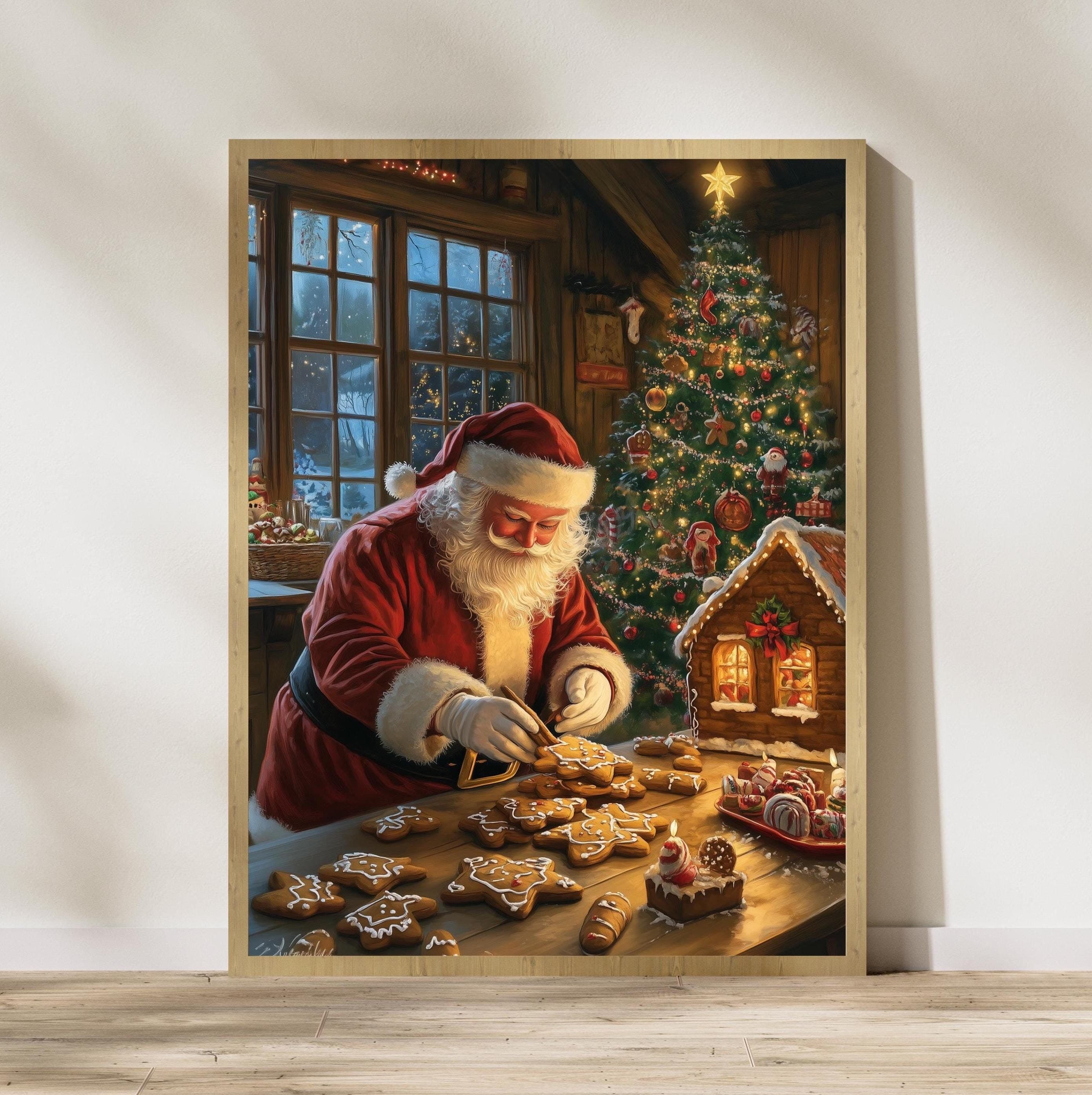 Christmas Gingerbread House and Santa Art Print, Vintage Cozy Christmas Wall Art Print, Printable Kitchen Home Decor, Digital Download