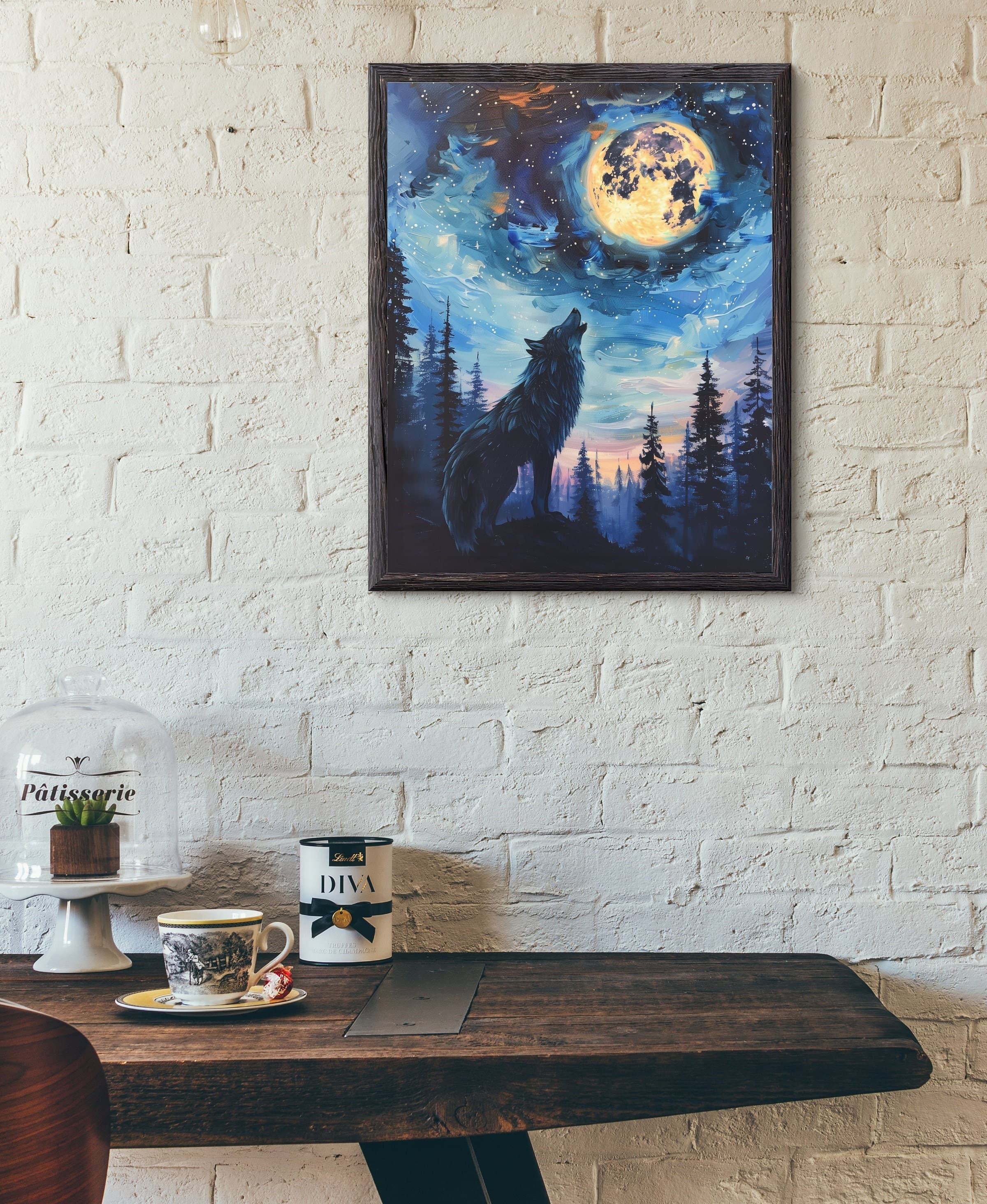 Black Wolf Full Moon Wall Art, Oil Painting, Black Wolf Landscape Poster, Moonlit Night Wolf Howling Abstract Art, Full Moon Wolf Print - view 6