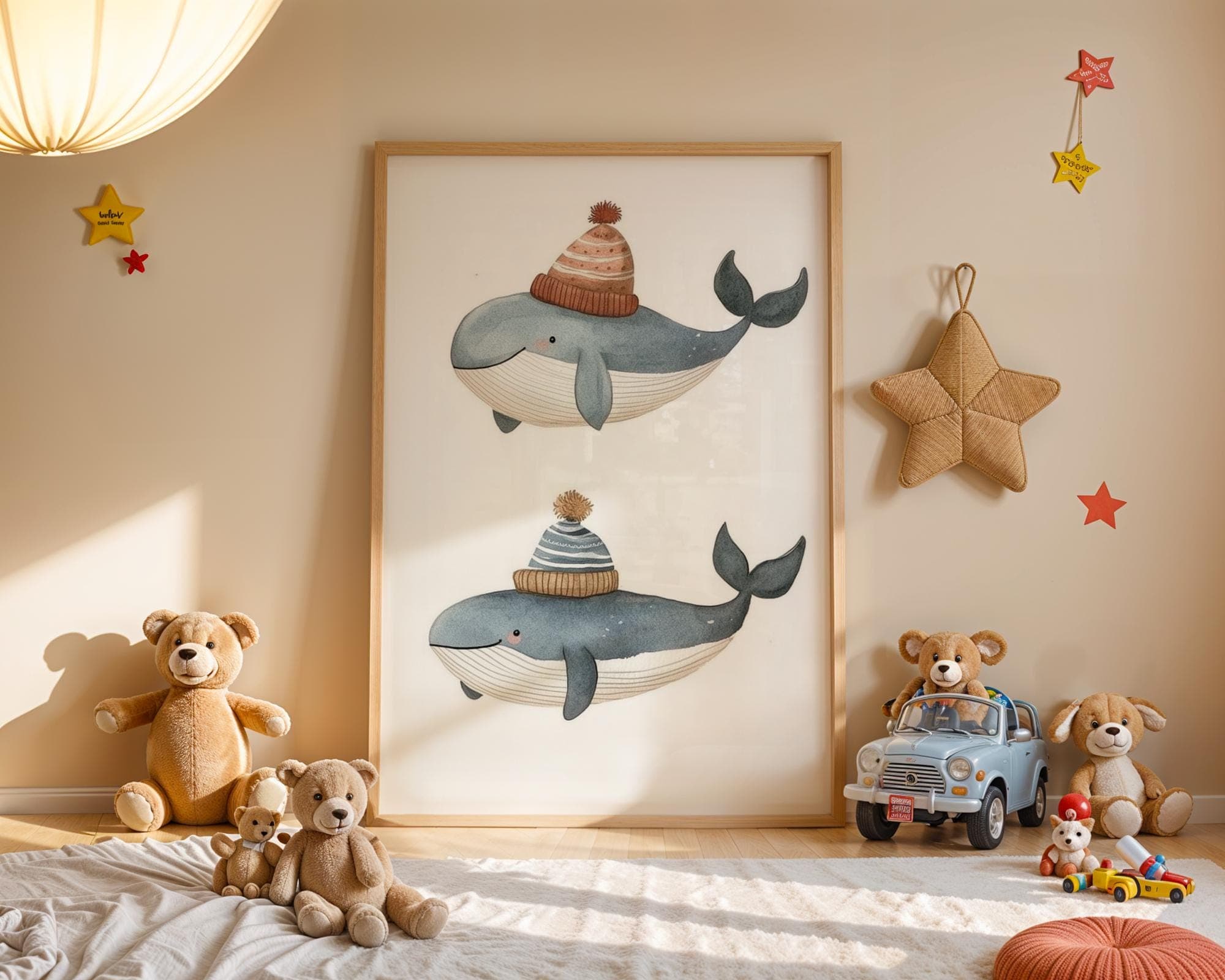 Watercolor Whale Wall Art - Nursery Room Decor for Kids, Cute Whale Print with Hats, Ocean Animal Kids Wall Art, Adorable Nursery Decor - view 3