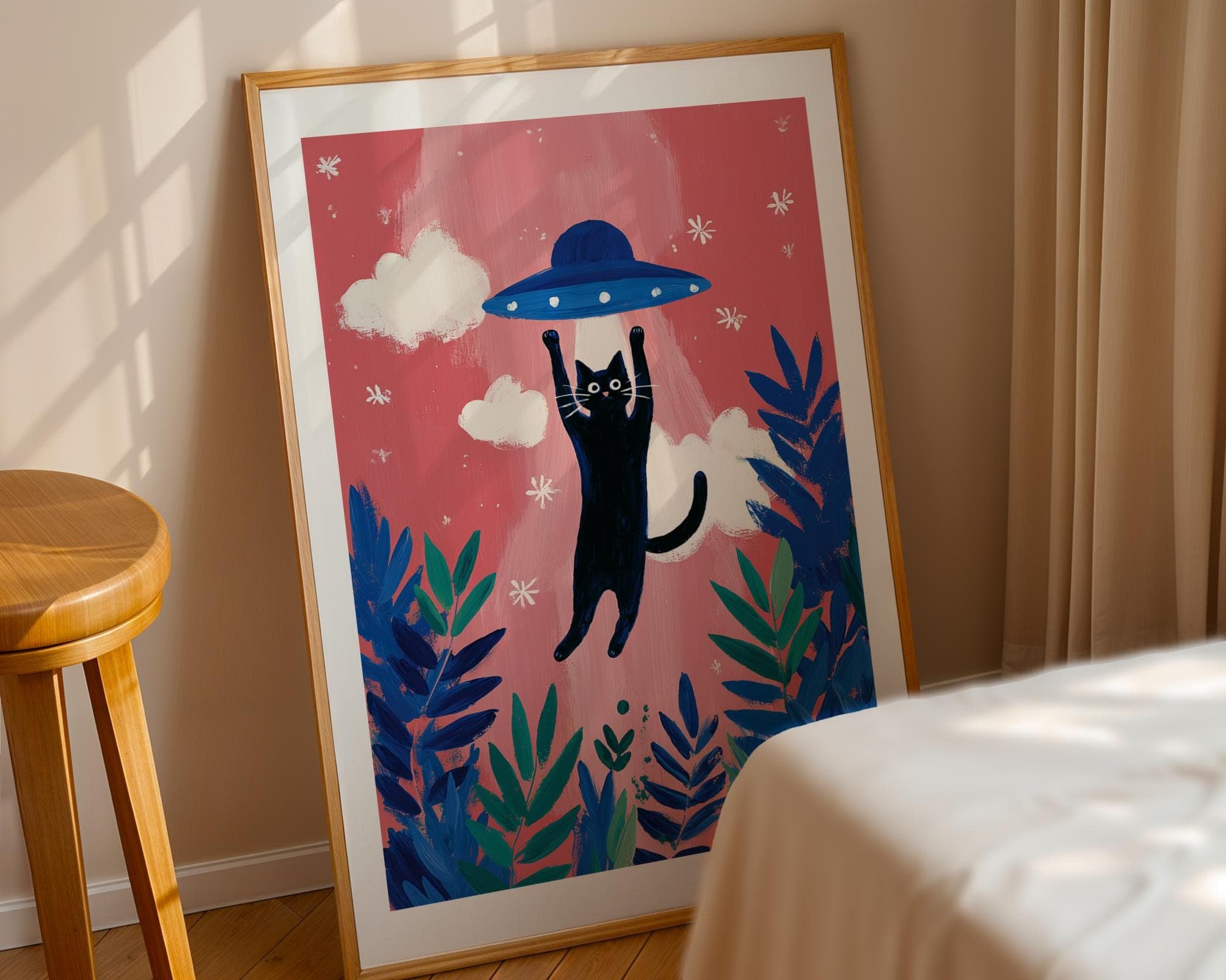 Black Cat UFO Abduction Art, Quirky Pop Art Print, Whimsical Pop Art Decor, Quirky Cat Decor, Whimsical Wall Print, Funny Black Cat Art - view 2