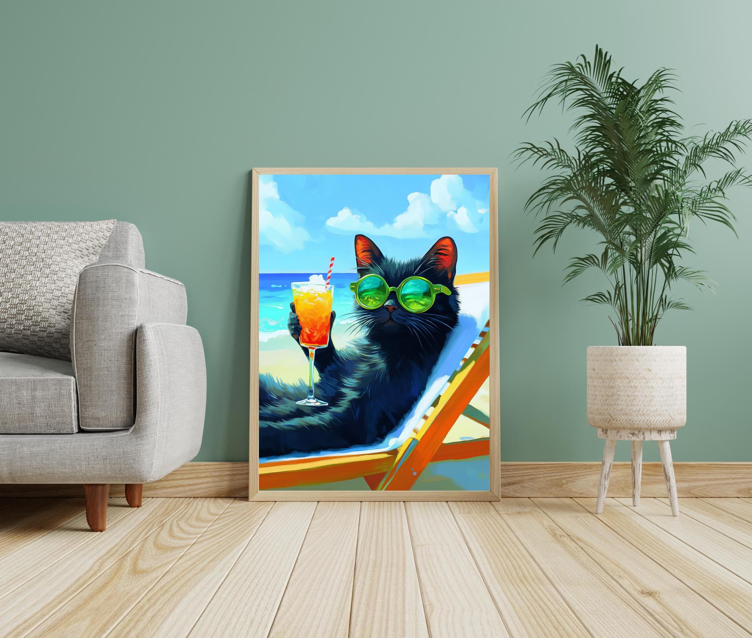 Sunbathing Cat Art Print, Black Cat Digital Poster, Black Cat Oil Painting, Colorful Cat Print, Matisse Cat Print, Summer Beach Cat Art - view 4