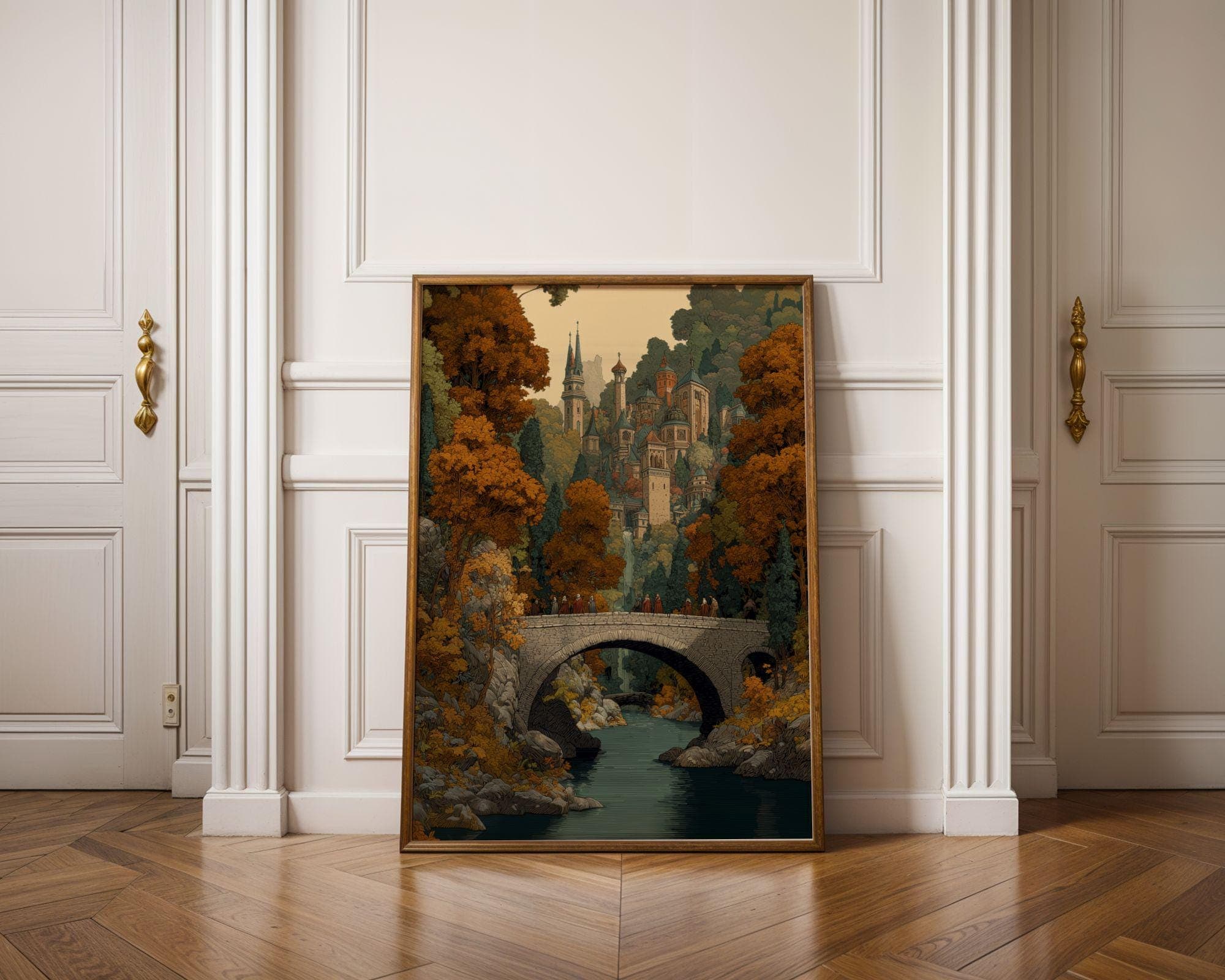 Autumn Medieval Village Landscape Print, Enchanted Bridge Poster, Fantasy Elven Landscape Art Print, High Fantasy Cityscape Poster
