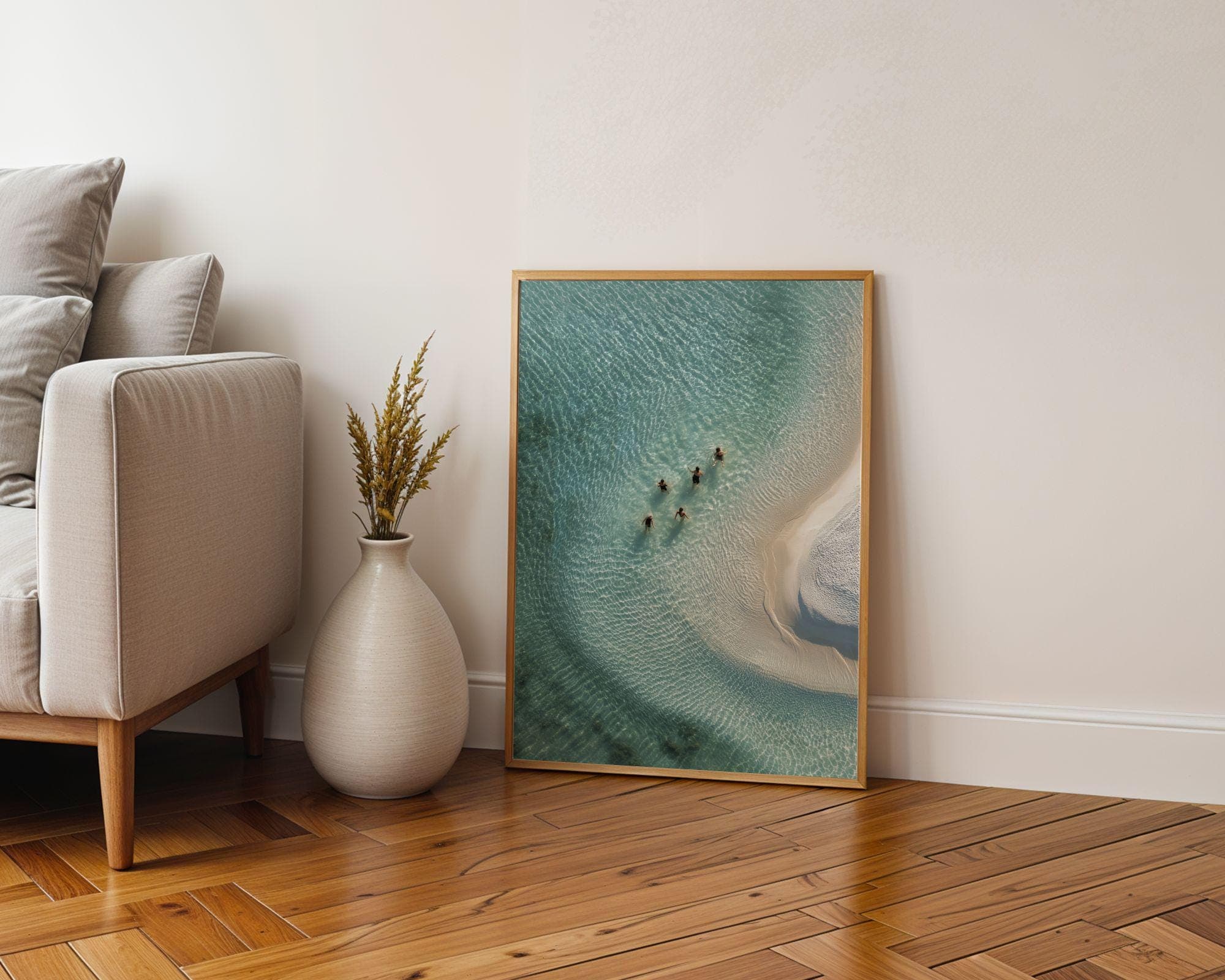 Aerial Ocean Print, Tropical Wall Art, Minimal Coastal Print | Swimmers in Aqua Ripples, Aerial Beach Art Print, Turquoise Lagoon Wall Decor - view 7