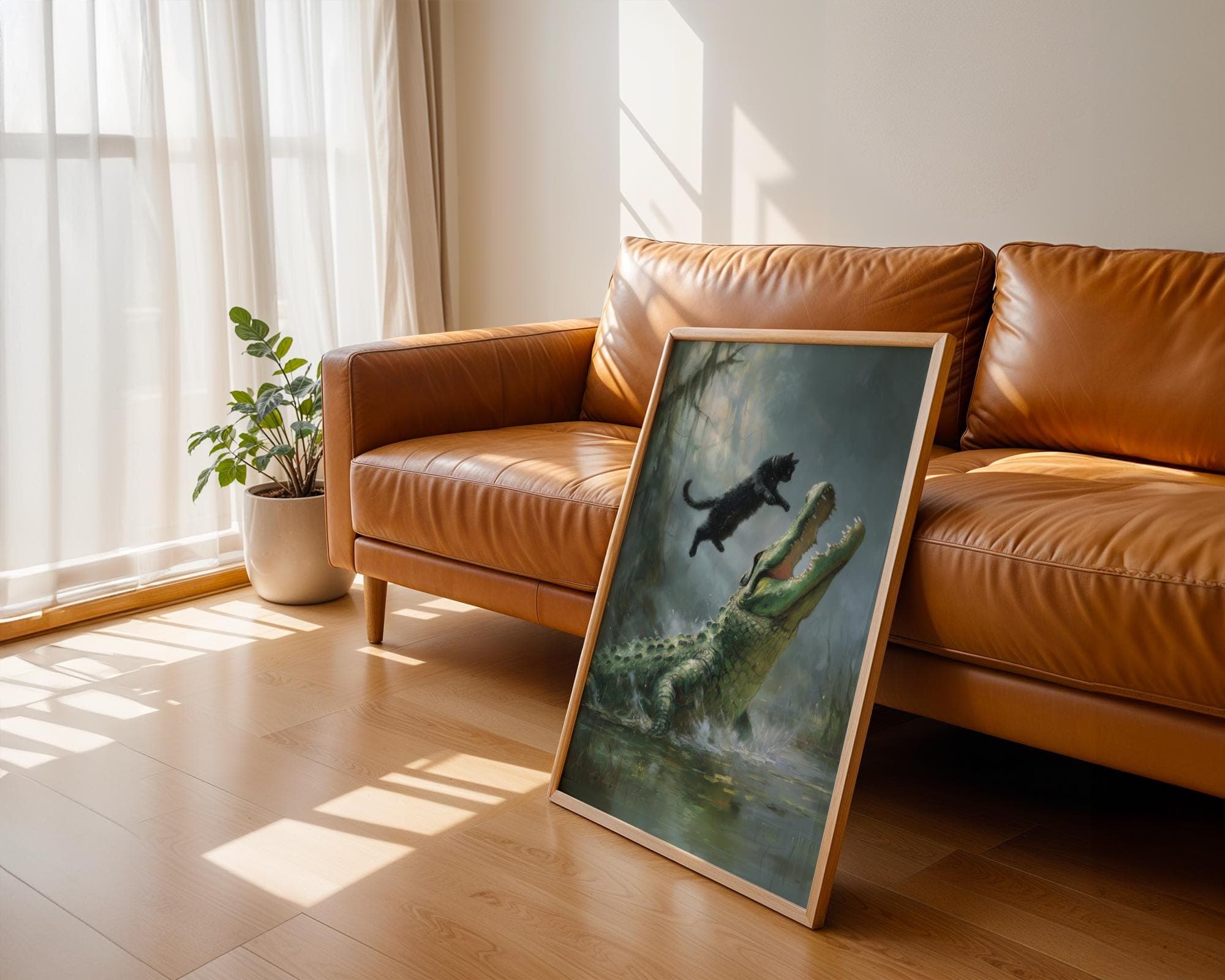 Fearless Cat vs Alligator – Fantasy Wildlife Wall Art, Heroic Cat Scene, Funny Black Cat Decor, Dramatic Digital Oil Style Wildlife Painting - view 5