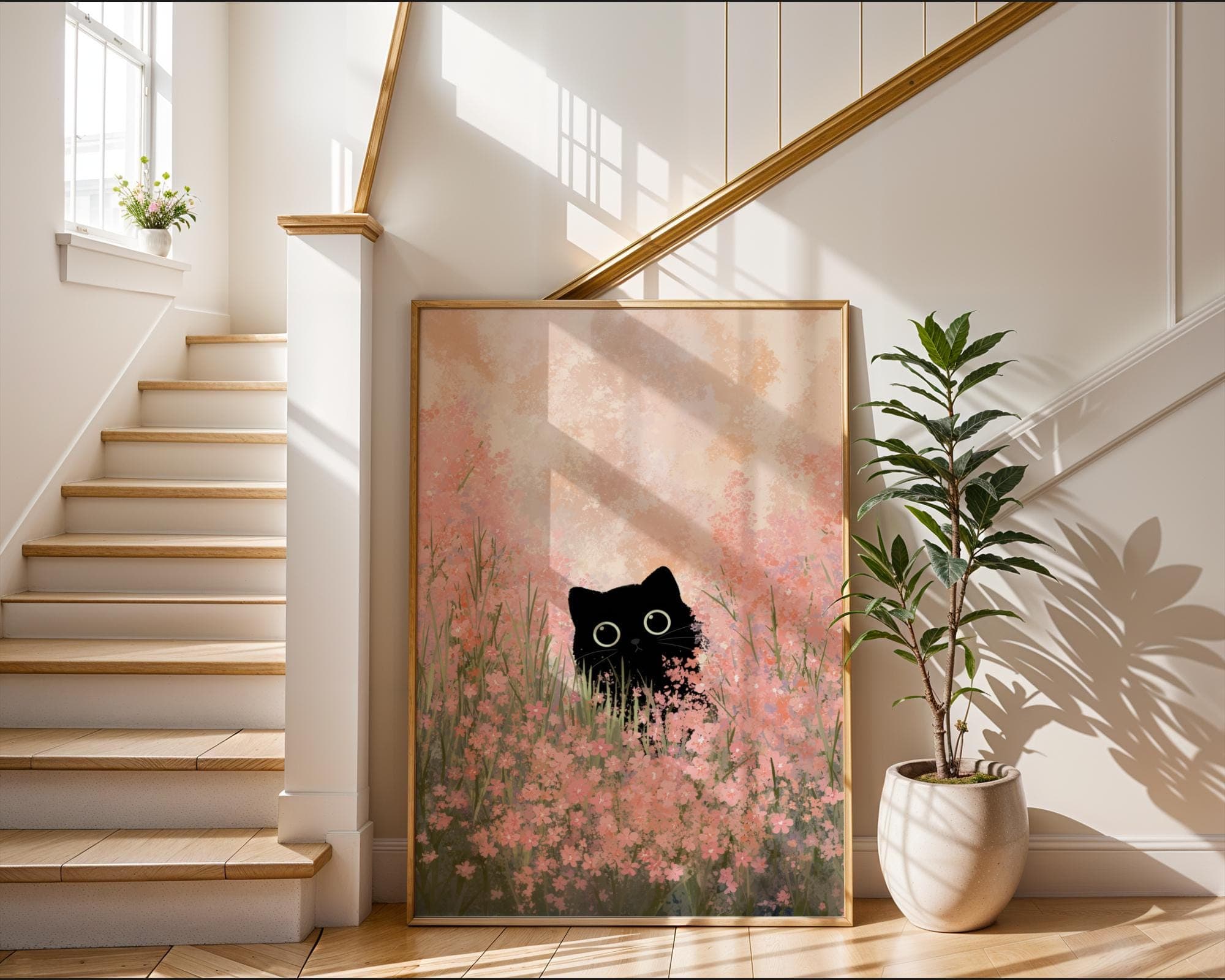 Black Cat in Pink Flower Field, Whimsical Animal Art, Floral Cat Wall Art, Black Cat Art Print, Whimsical Black Cat Painting, Black Cat Art - view 2