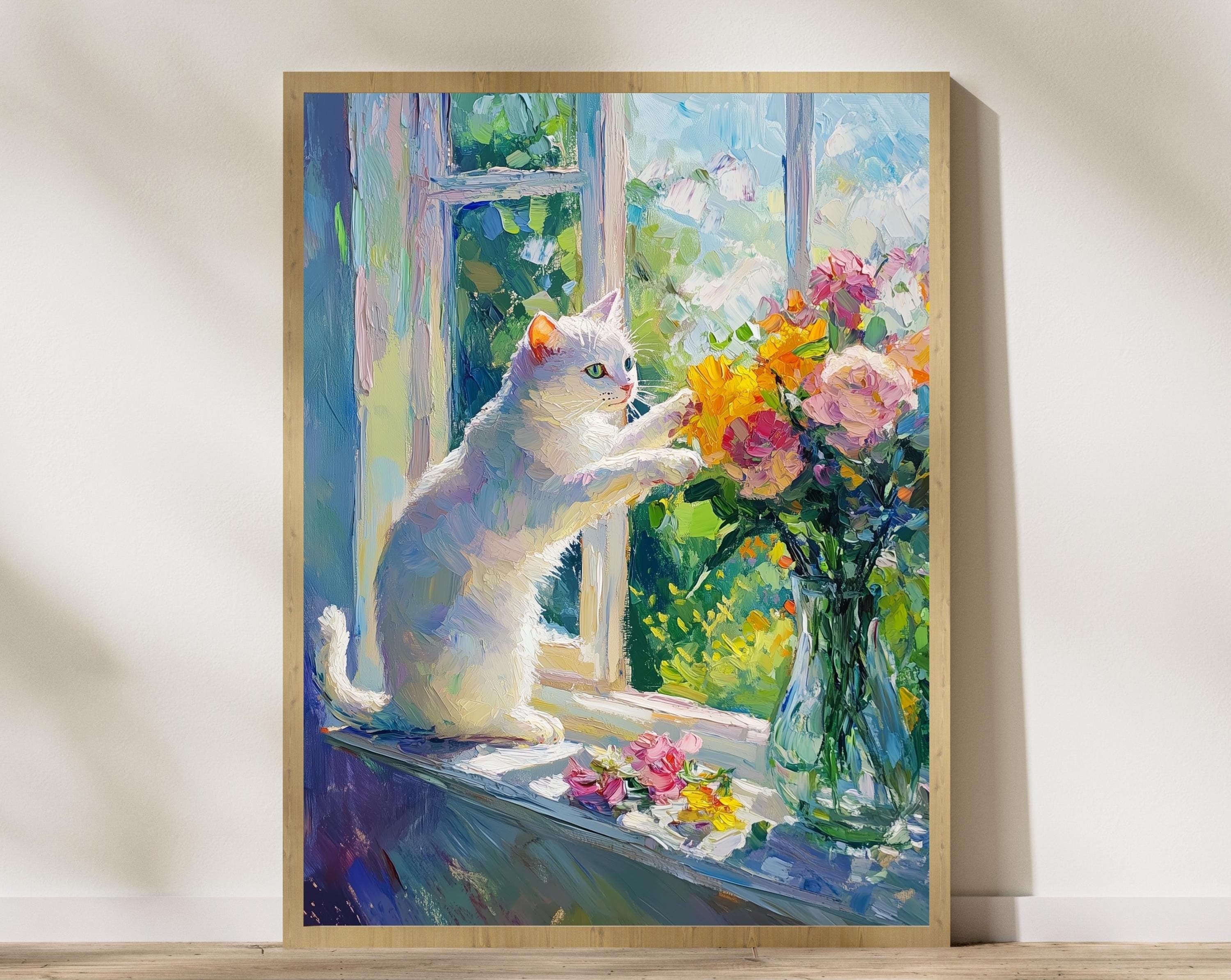 Whimsical White Cat Art, Colorful Oil Painting, White Cat and Flowers Digital Wall Art, Cat Mom Gift, Colorful Home Decor White Cat Painting