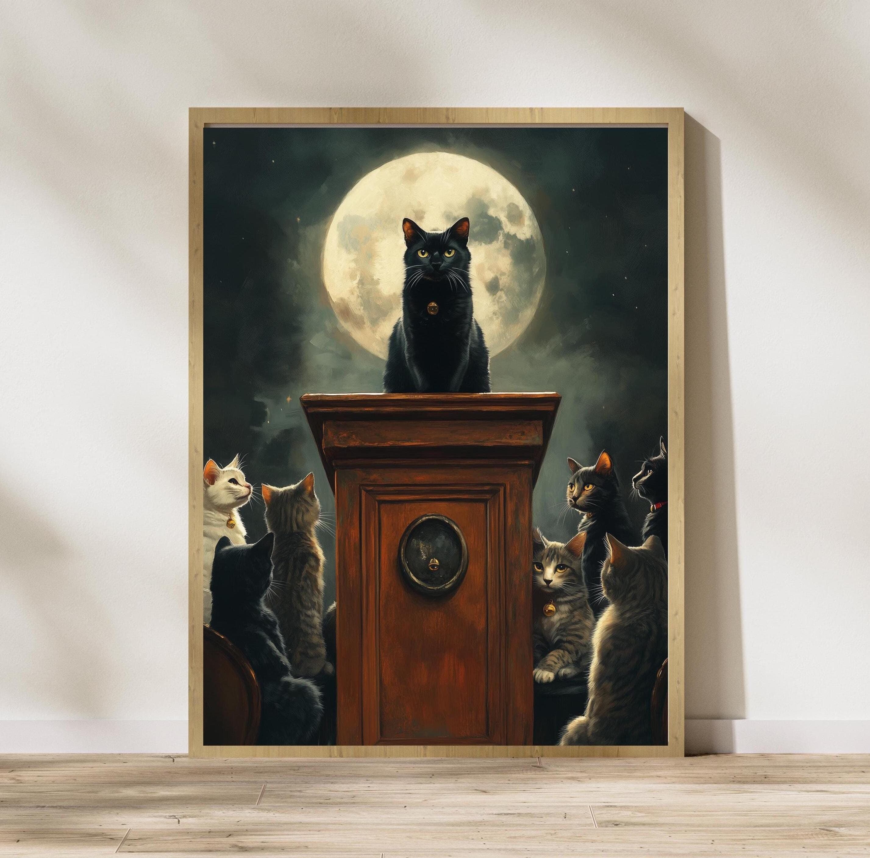 Full Moon Cat Illustration, Whimsical Cat Gathering Art, Black Cat and Moon Poster, Black Cat Leader Poster, Mysterious Black Cat Poster