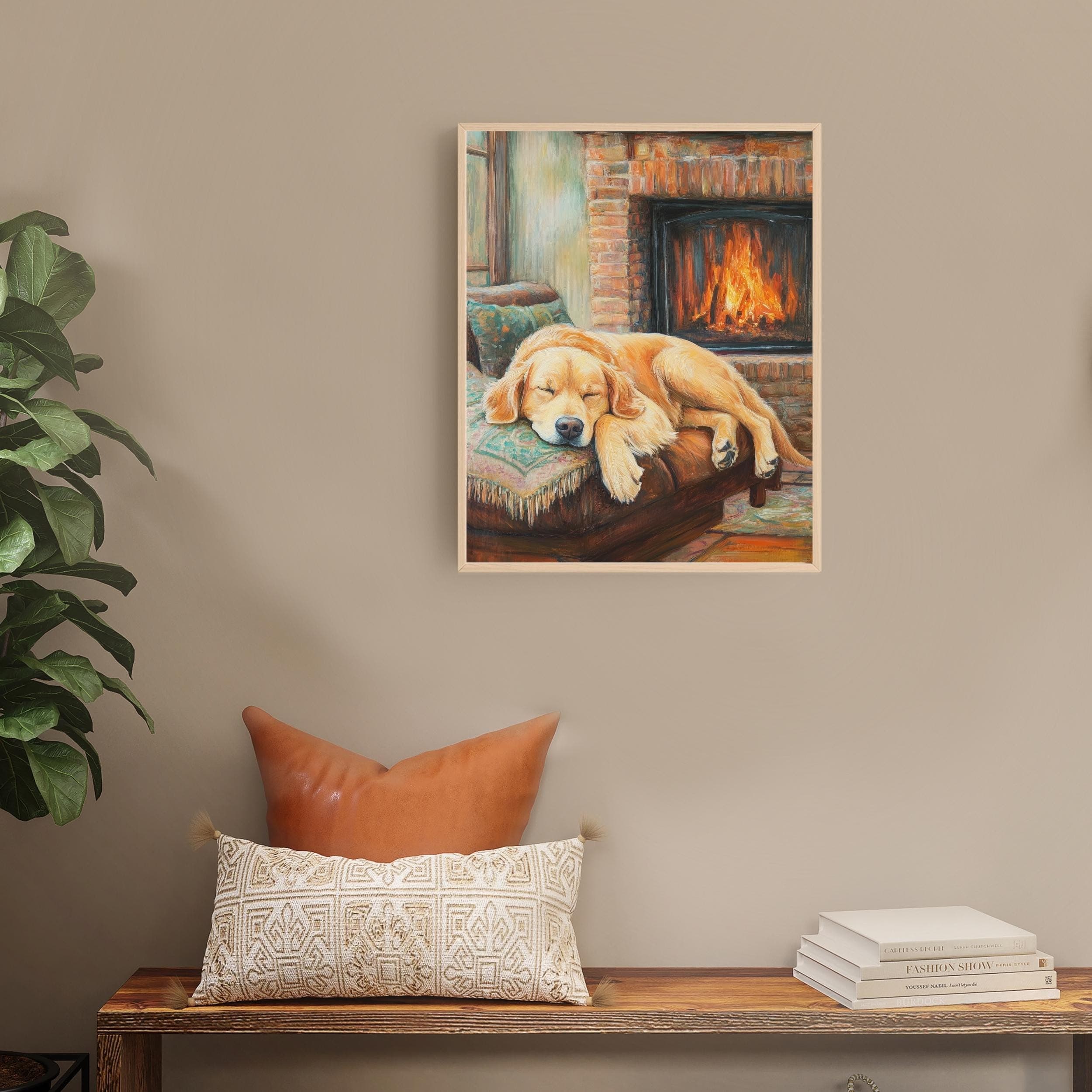 Cozy Golden Retriever by the Fireplace | Warm Pastel Painting for Home Decor, Colorful Dog Print, Warm Wall Decor, Digital Dog Poster - view 3
