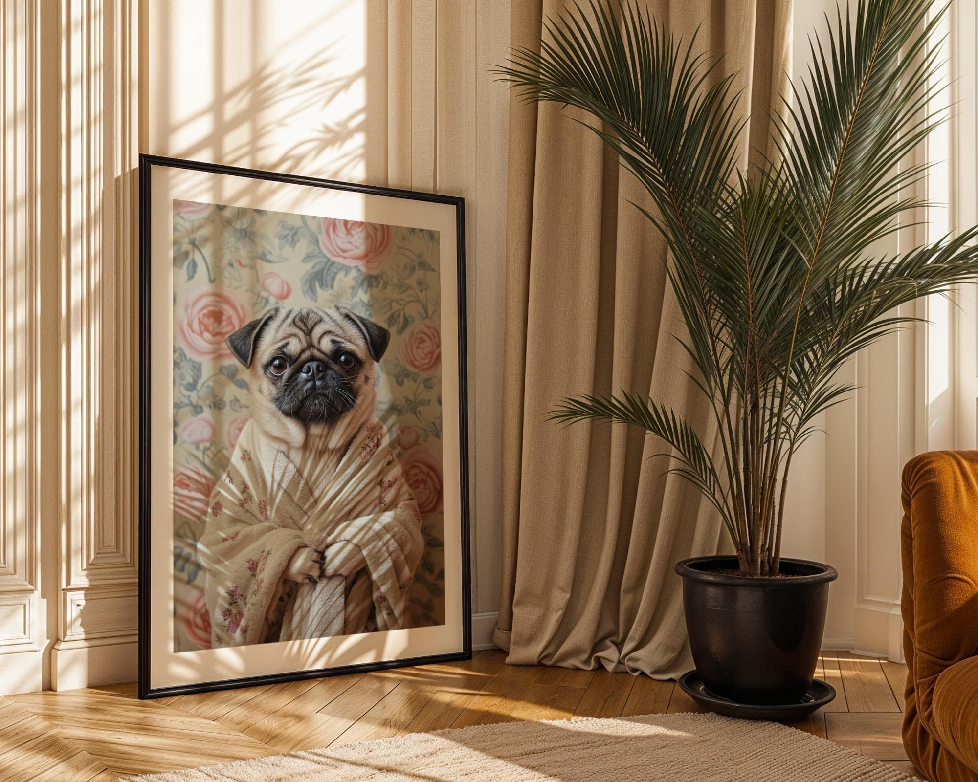 Pug in Bathrobe DIGITAL DOWNLOAD, Dog Printable Wall Art, Floral Dog Print, Funny Pet Decor, Dog Lover Gift, Retro Dog Poster, Funny Pug Art - view 3