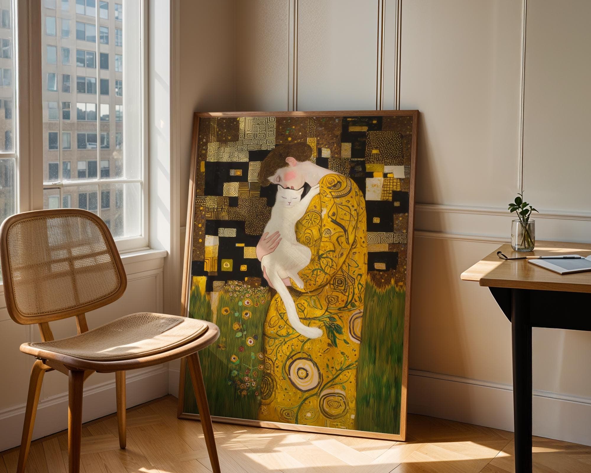 Gustav Klimt Inspired Cat Art Golden Woman with White Cat Painting Print, Whimsical Cat Lover Wall Art, Golden Cat Art Print, Digital Art - view 2