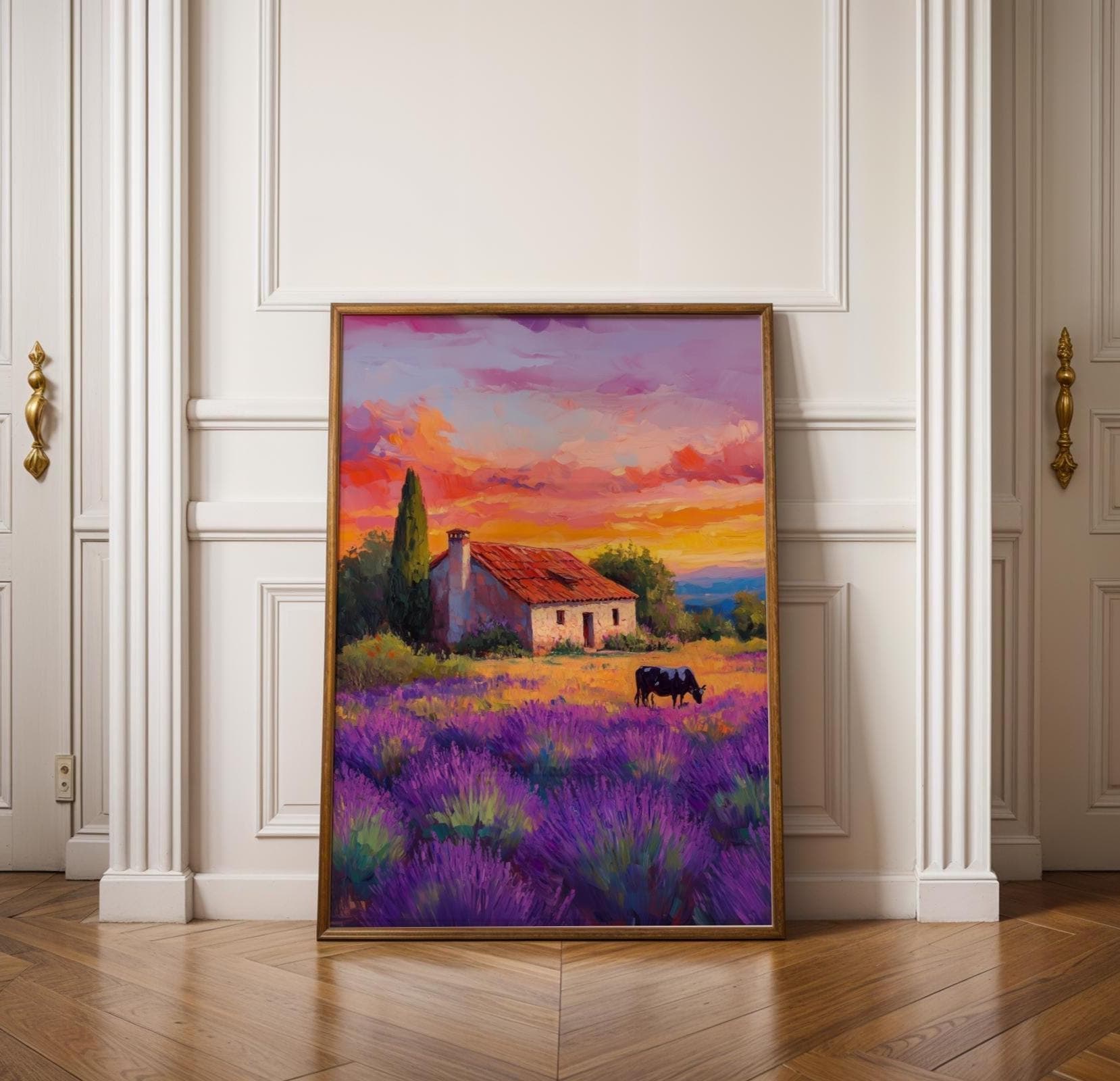 Lavender Field Wall Art, Farmhouse and Cow in Lavender Fields, Country Wall Art, Sunset Landscape Painting, Pastoral Provence Print, Digital