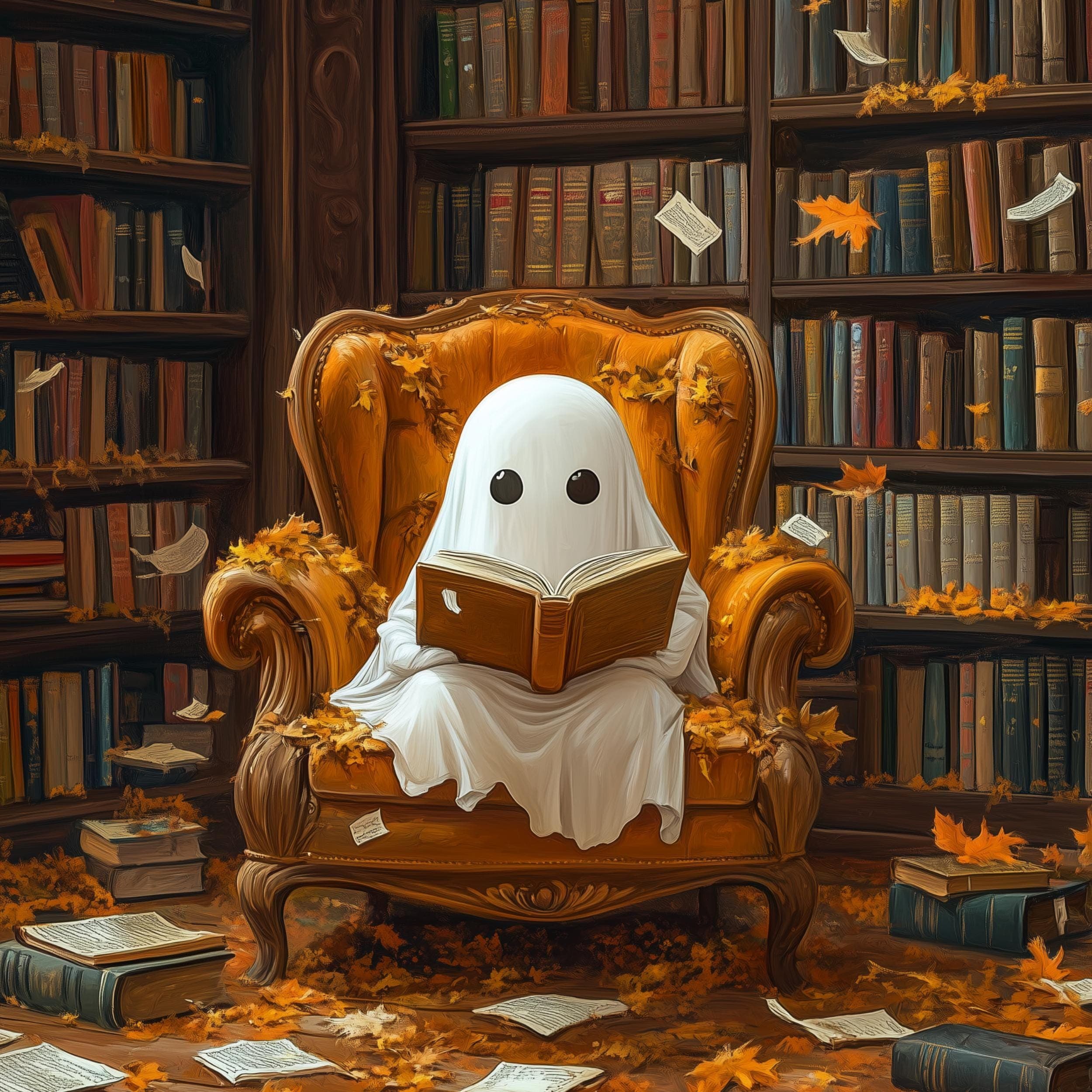 Cute Halloween Ghost Reading a Book, Whimsical Halloween ghost wall art, Spooky Cute Halloween ghost Print, Bookish art Book lover, Ghost - view 2
