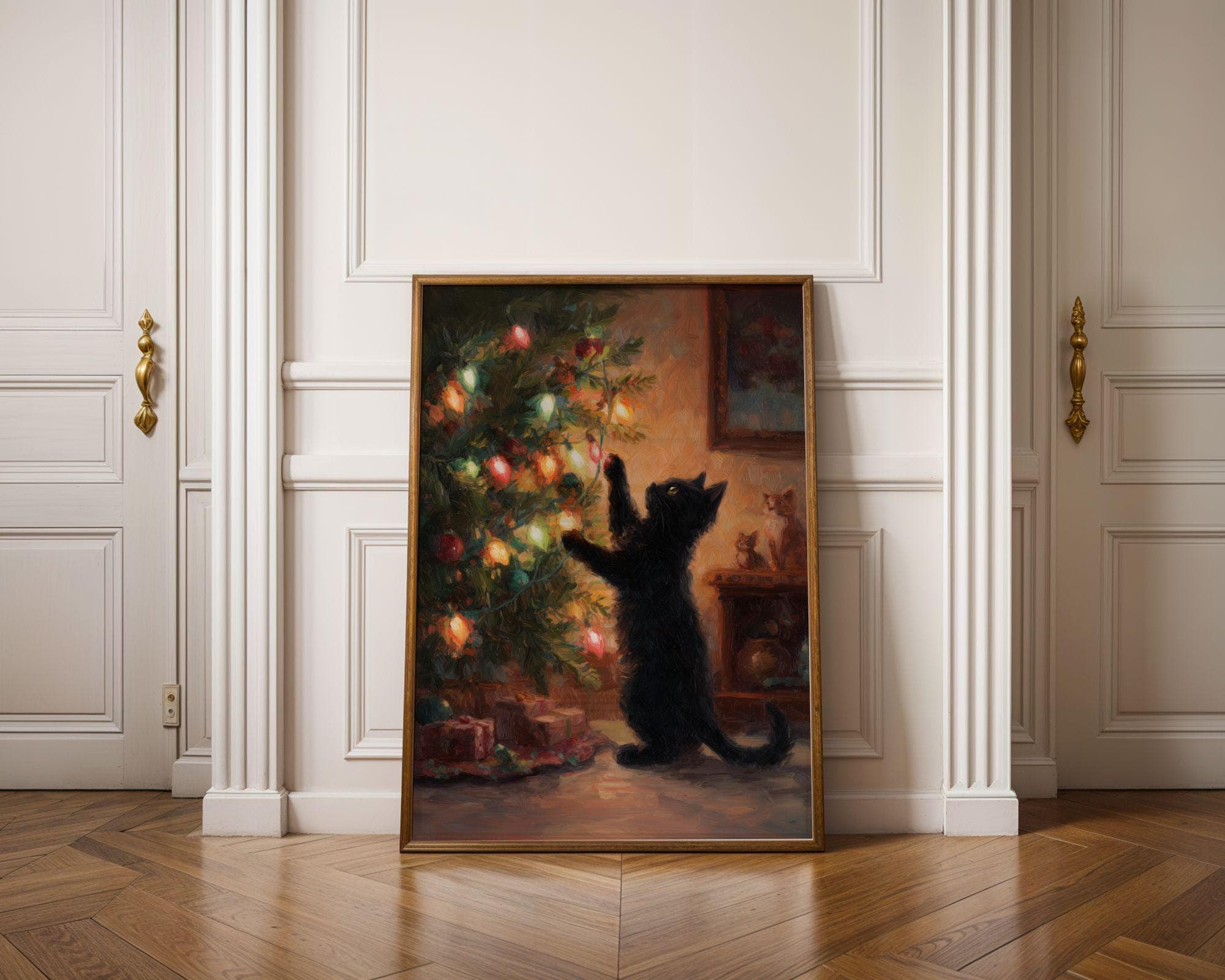 Black Cat Christmas Art Print, Christmas Cat Wall Art, Festive Black Cat Christmas Poster, Festive Oil Painting Print, Digital Download