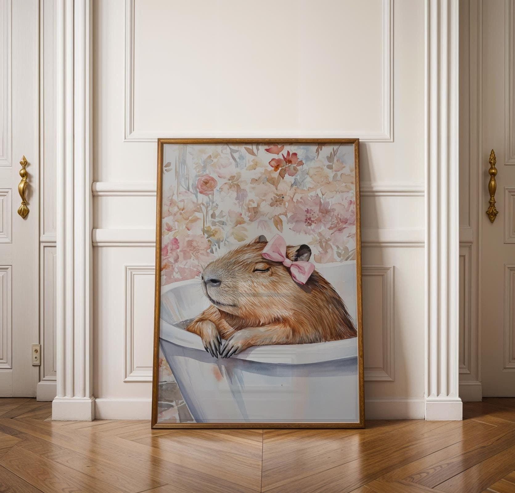 Capybara Wall Art, Pink Bow Capybara Print, Funny Bathroom Decor, Cute Capybara Poster, Bathtub Wall Art, Watercolor Capybara Print