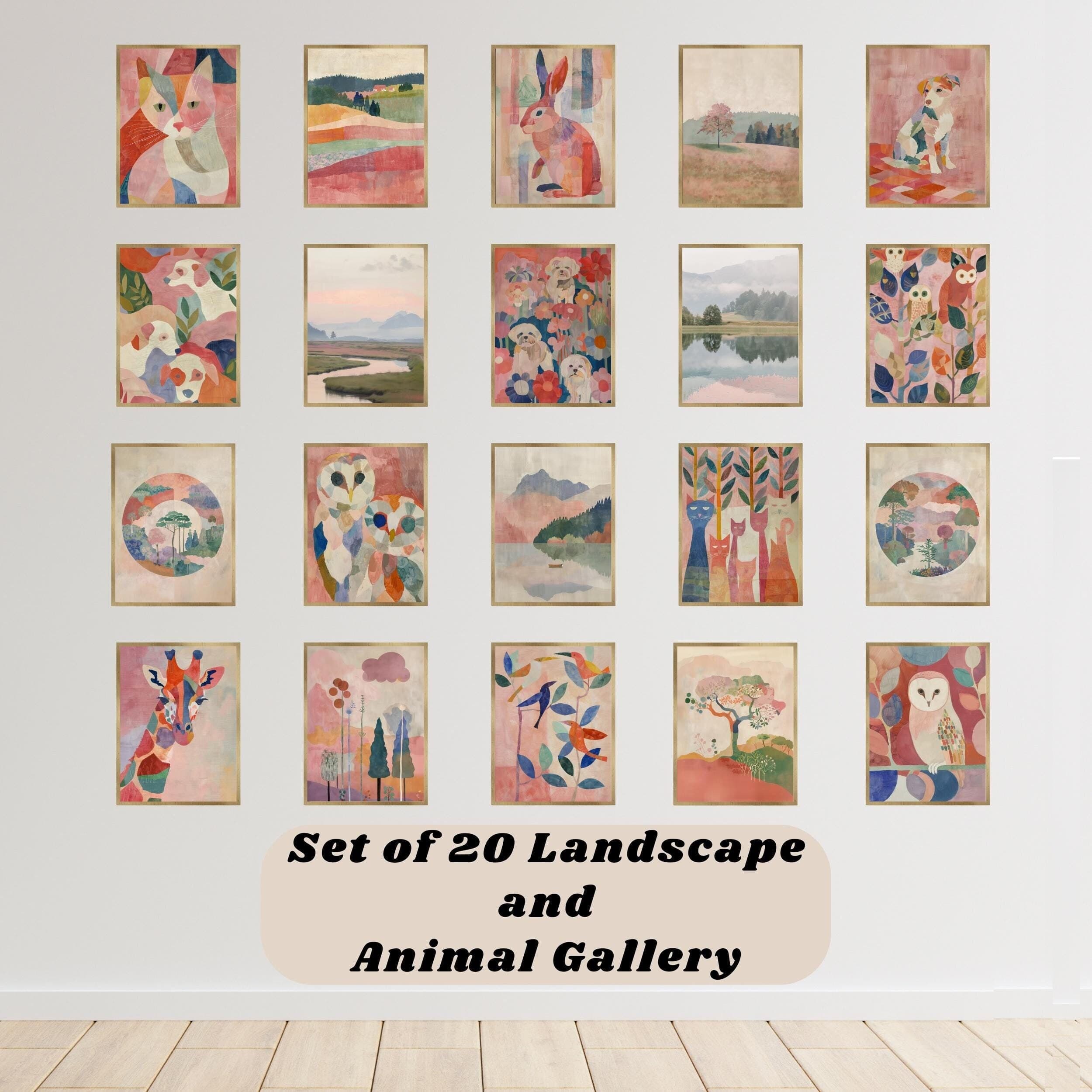 Colorful Animal Wall Art Set, Modern Pastel Art Set, Boho Eclectic Gallery Wall, Animal and Landscape Wall Print, Minimalist Bohemian Prints