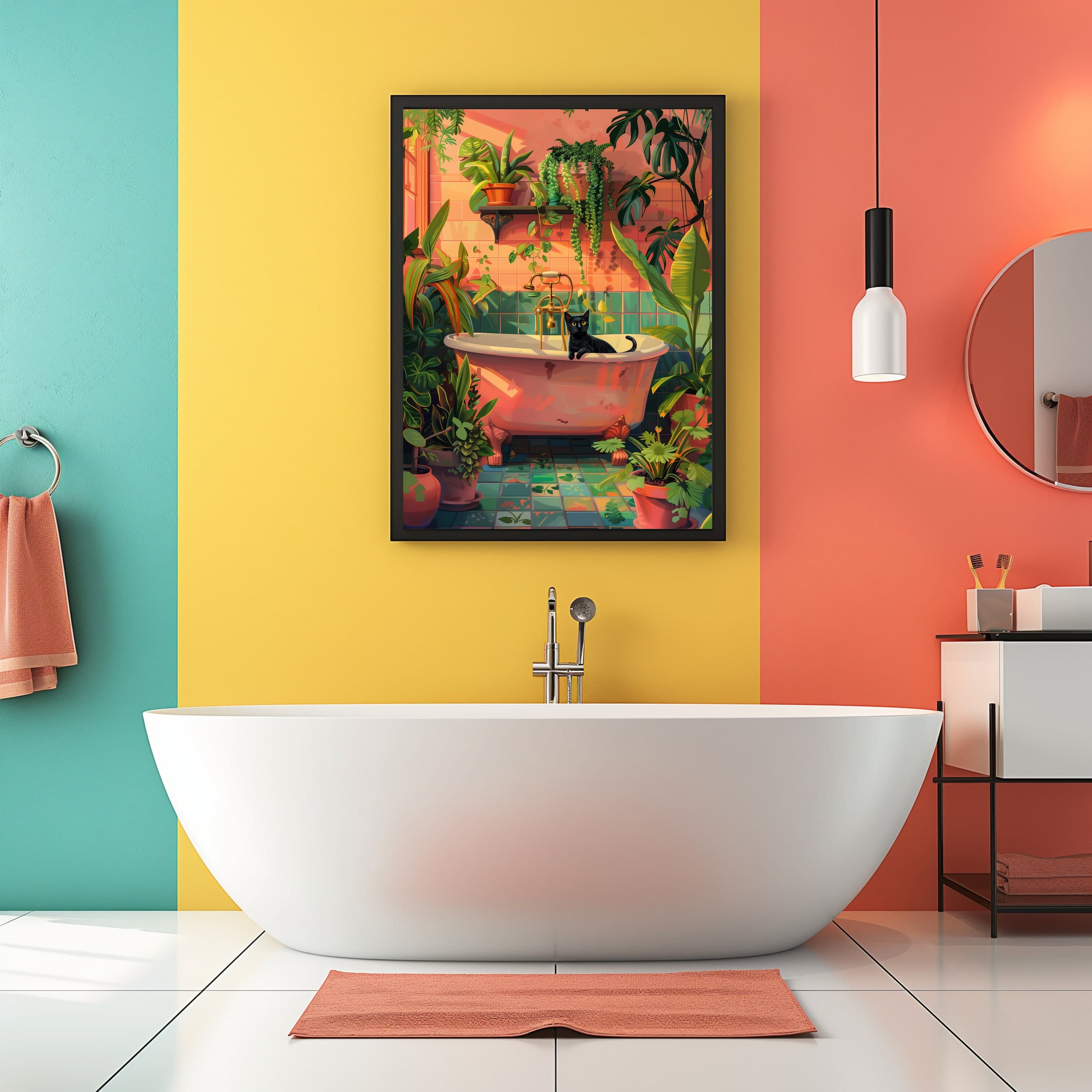 Black Cat in Bathtub Art Print, Tropical Bathroom Decor (Digital Download) - view 5