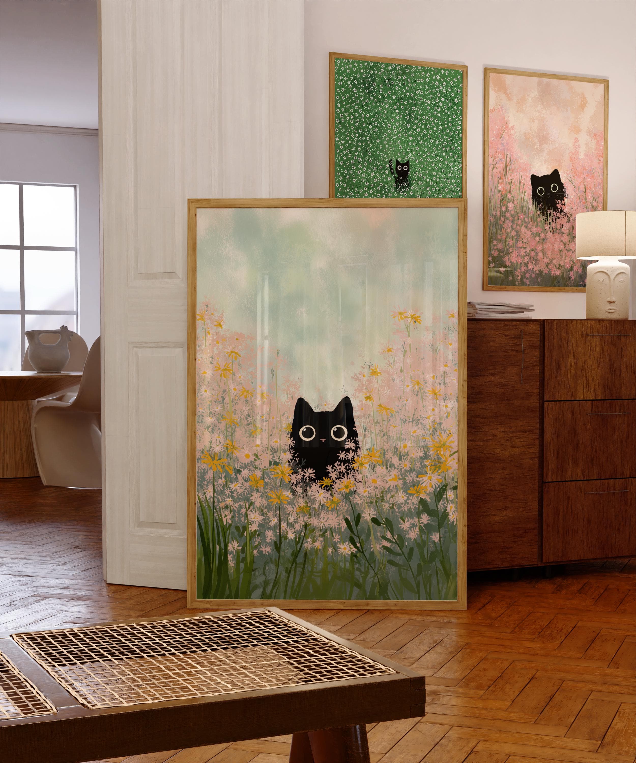 Black Cat Wall Art, Whimsical Cat in Floral Field, Kawaii Black Cat Art Print, Digital Download, Cute Black Cat Art, Whimsical Animal Art