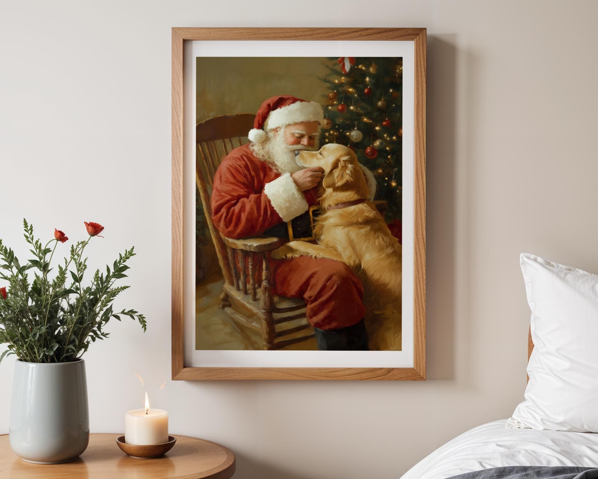 Santa Claus with Golden Retriever - Heartwarming Christmas Wall Art Print, Heartwarming Holiday Art, Cozy Vintage Christmas Wall Art - view 3