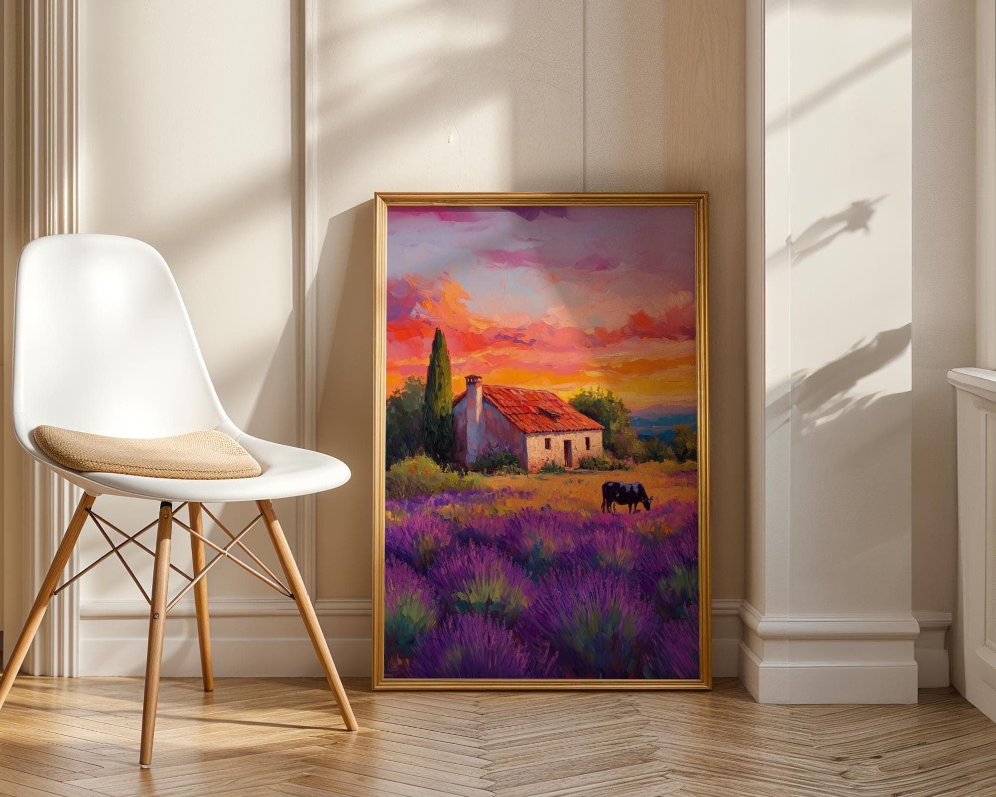 Lavender Field Wall Art, Farmhouse and Cow in Lavender Fields, Country Wall Art, Sunset Landscape Painting, Pastoral Provence Print, Digital - view 6