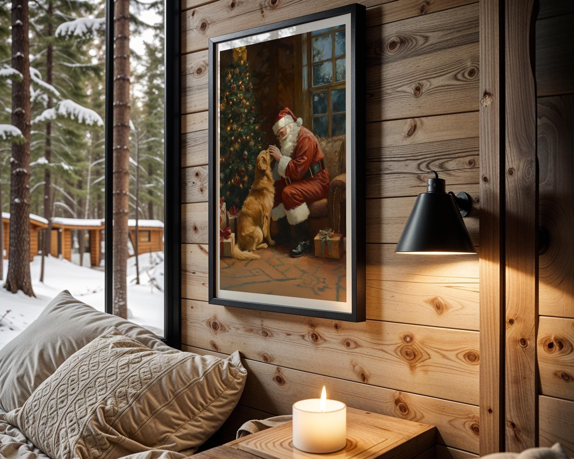 Santa and Golden Retriever - Cozy Christmas Wall Art Print, Warm Holiday Wall Art Print, Golden Retriever Christmas Art, Digital Download - view 5