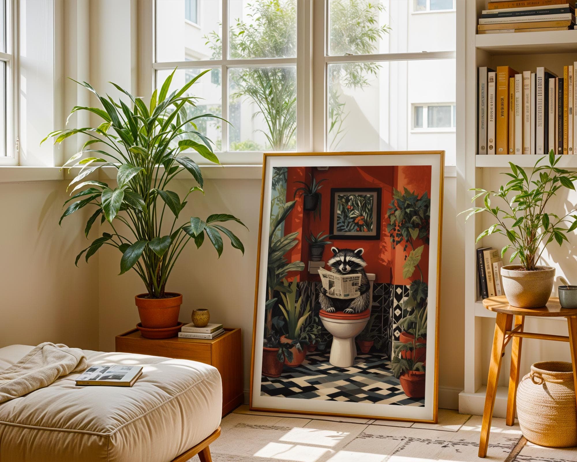 Cute Racoon on Toilet, Funny Bathroom Decor, Pintable Racoon, Funny Racoon Reading on Toilet, Humor Cute Racoon Poster, Kids Bathroom Prints - view 3