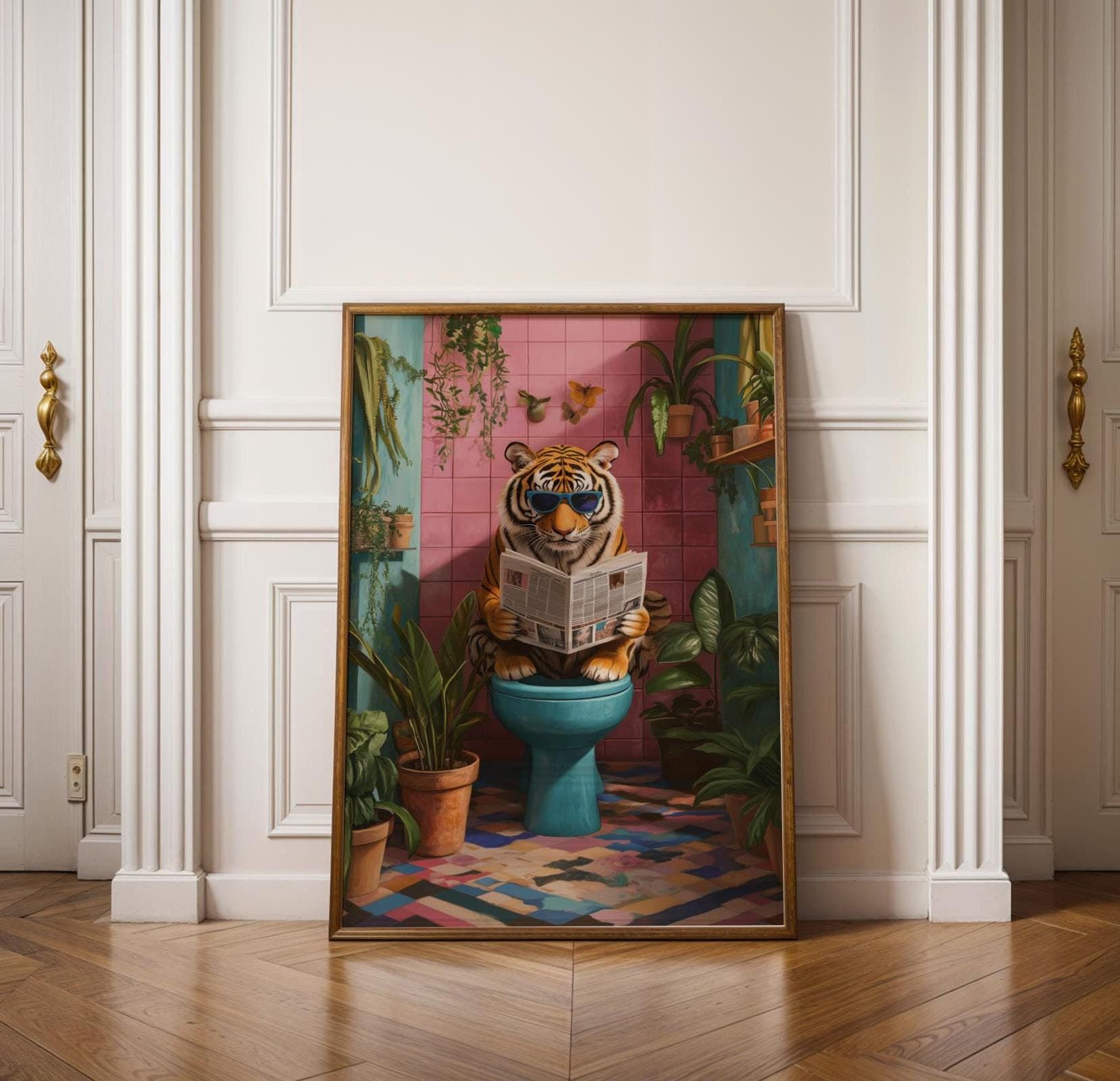 Funny Tiger Bathroom Wall Art, Cool Tiger on Toilet Art, Retro Aesthetic Wall Art, Funny Tiger Toilet Print, Eclectic Jungle Bathroom Art