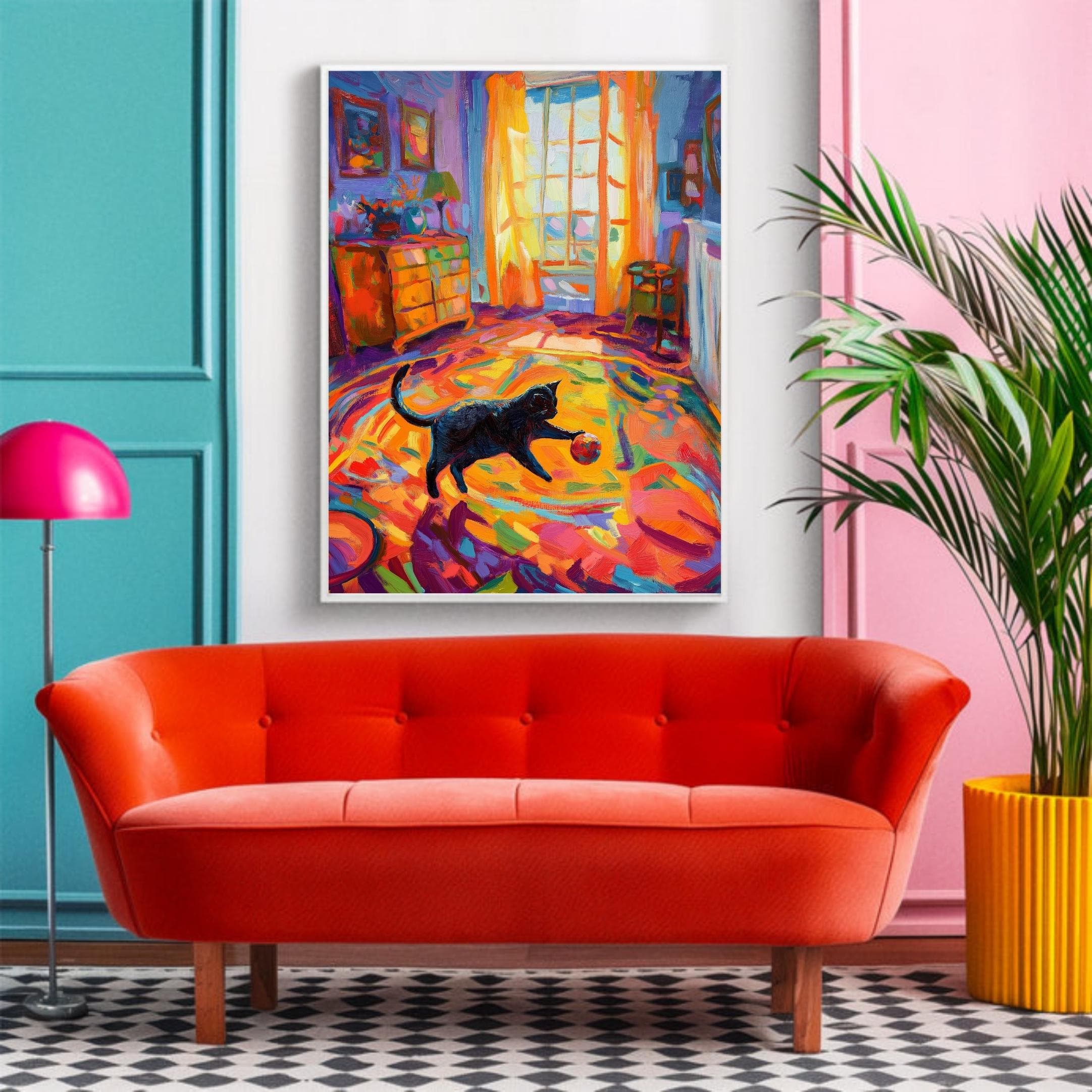 Whimsical Black Cat with Ball, Abstract Art Print, Colorful Painting, Trendy Cute Apartment Decor, Maximalist Black Cat Wall Art, Cat Poster - view 6