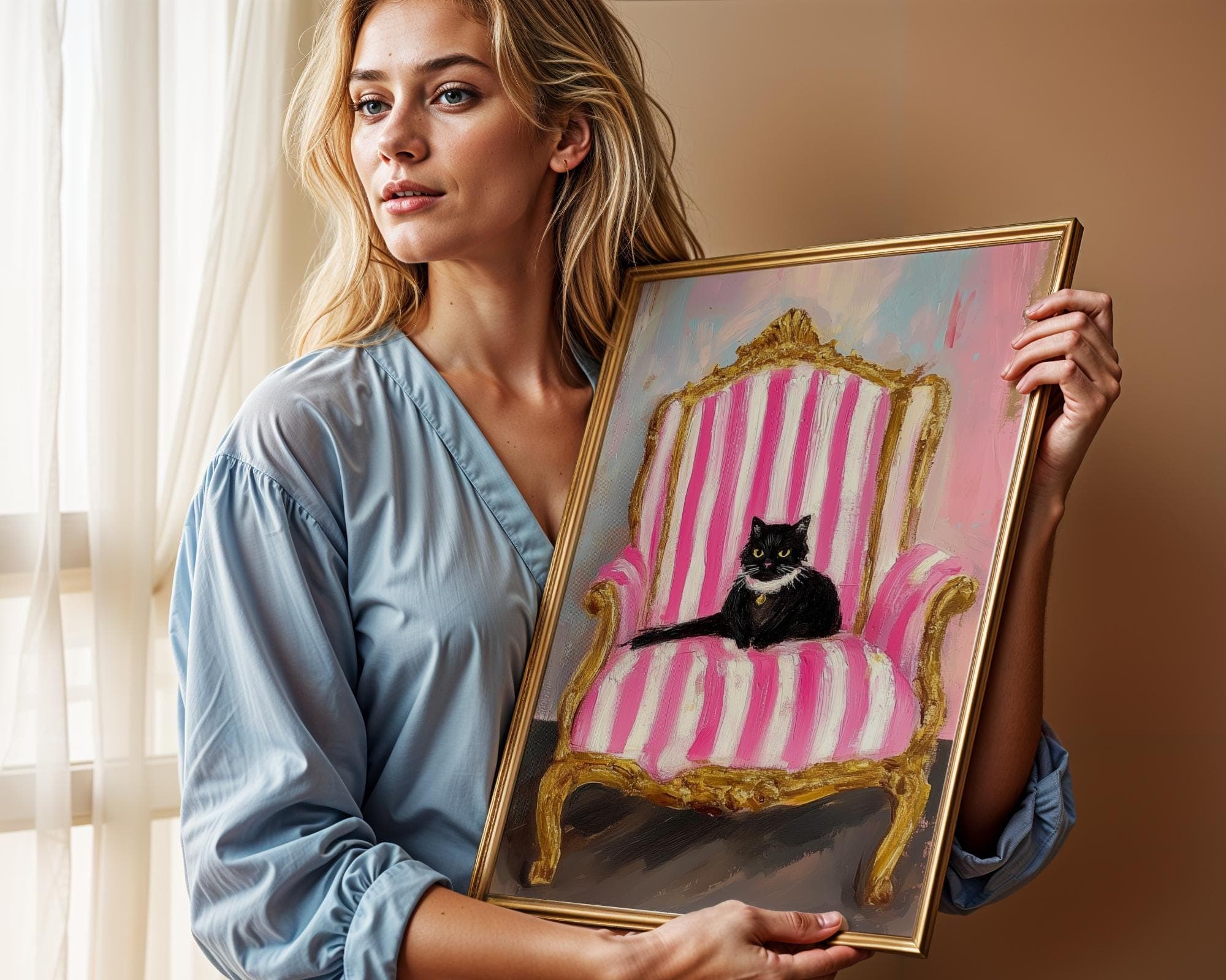Black Cat on Pink Striped Chair, Pink Wall Art, Whimsical Cat Portrait, Quirky Wall Poster, Dopamine Wall Decor, Digital Download, Printable - view 4