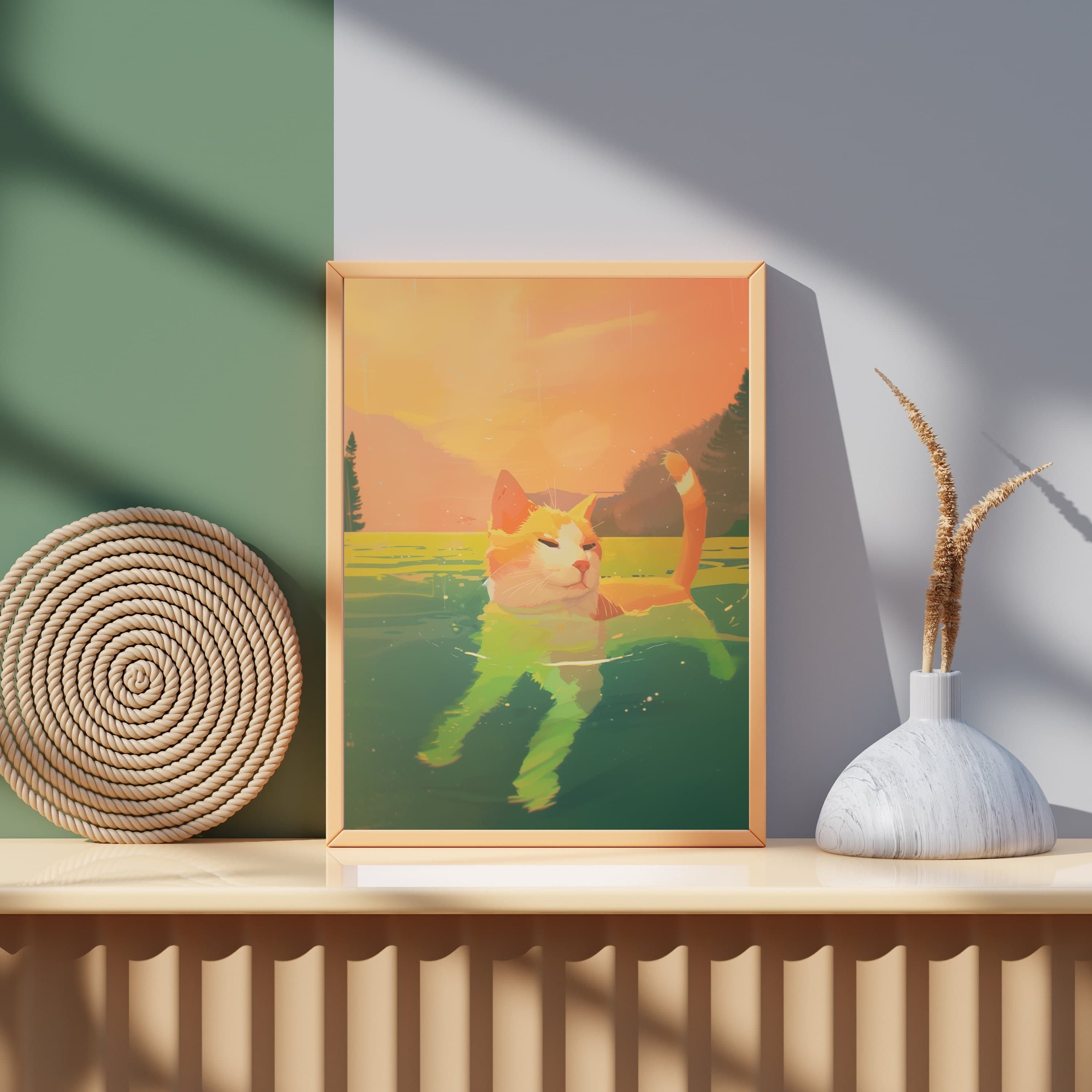 Ginger Cat Swimming Poster, Colorful Cat Wall Art, Unique Animal Art for Cat Lovers, International Cat Day, Cute Cat Art, Ginger Cat Poster - view 5