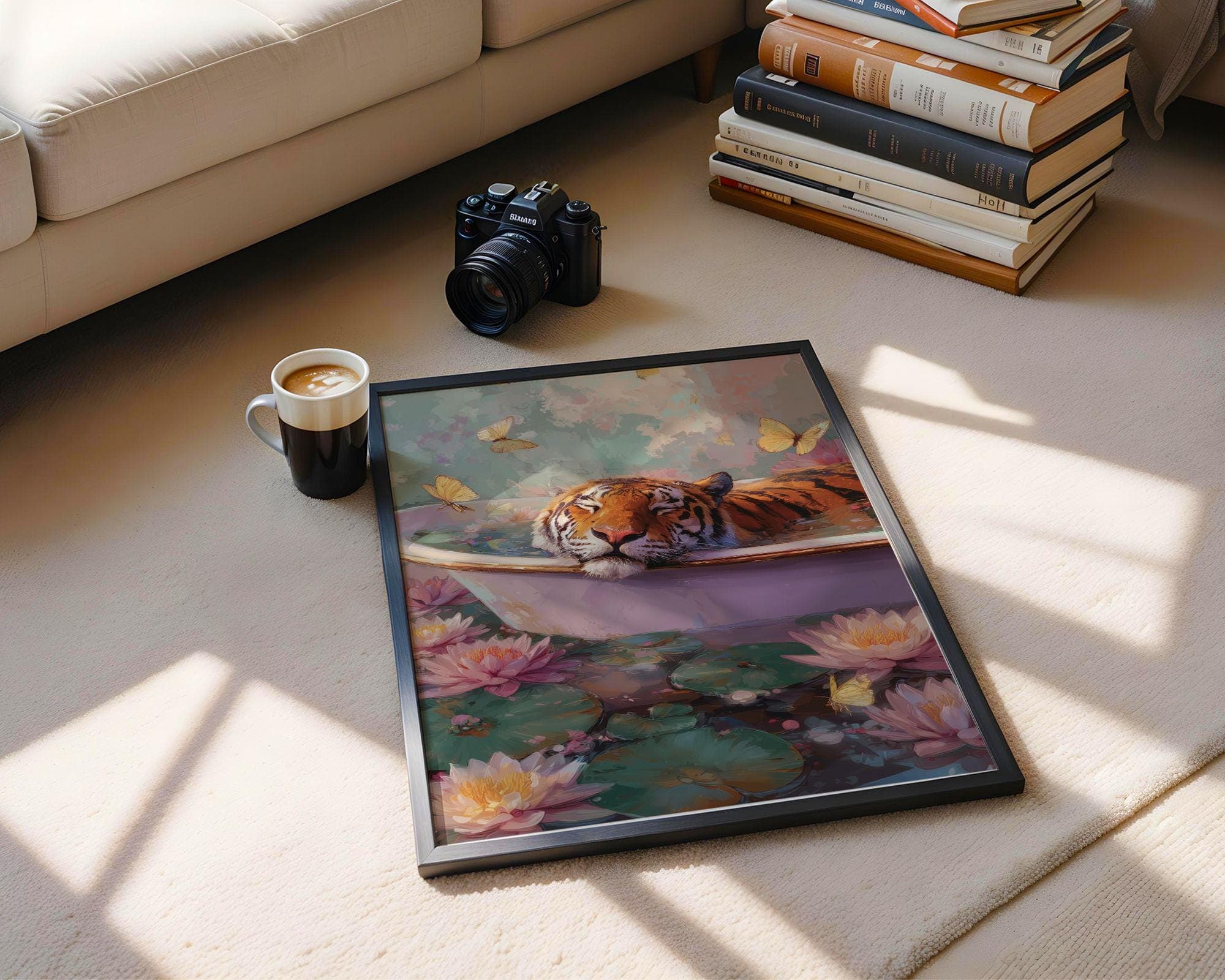 Tiger in Bathtub Wall Art, Trendy Tiger Wall Art, Maximalist Poster, Eclectic Prints, Whimsical Animal Wall Print, Botanical Animal Art - view 8
